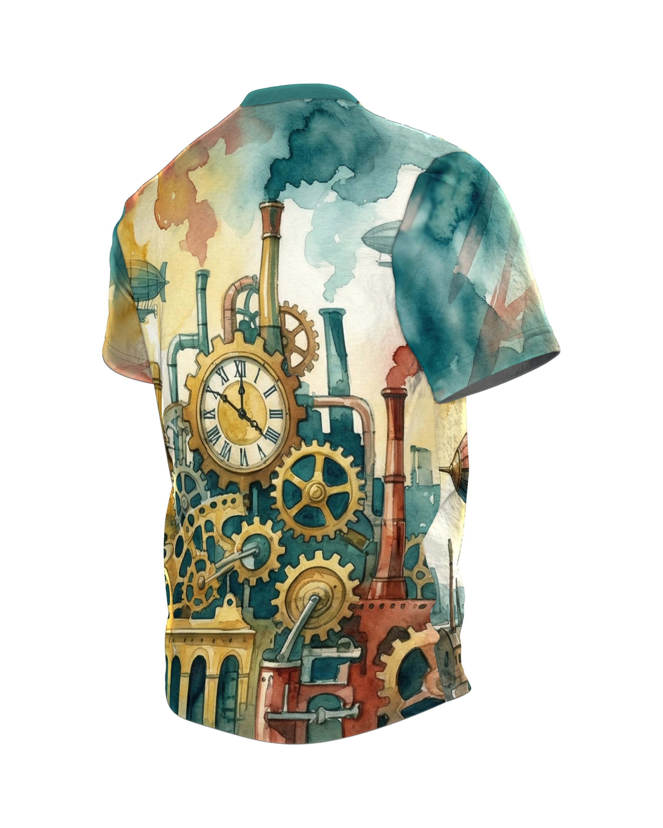 Steampunk Luftschiff T-Shirt: Uhrwerk-Zeppelin über der Stadt, Rückseite schräg links