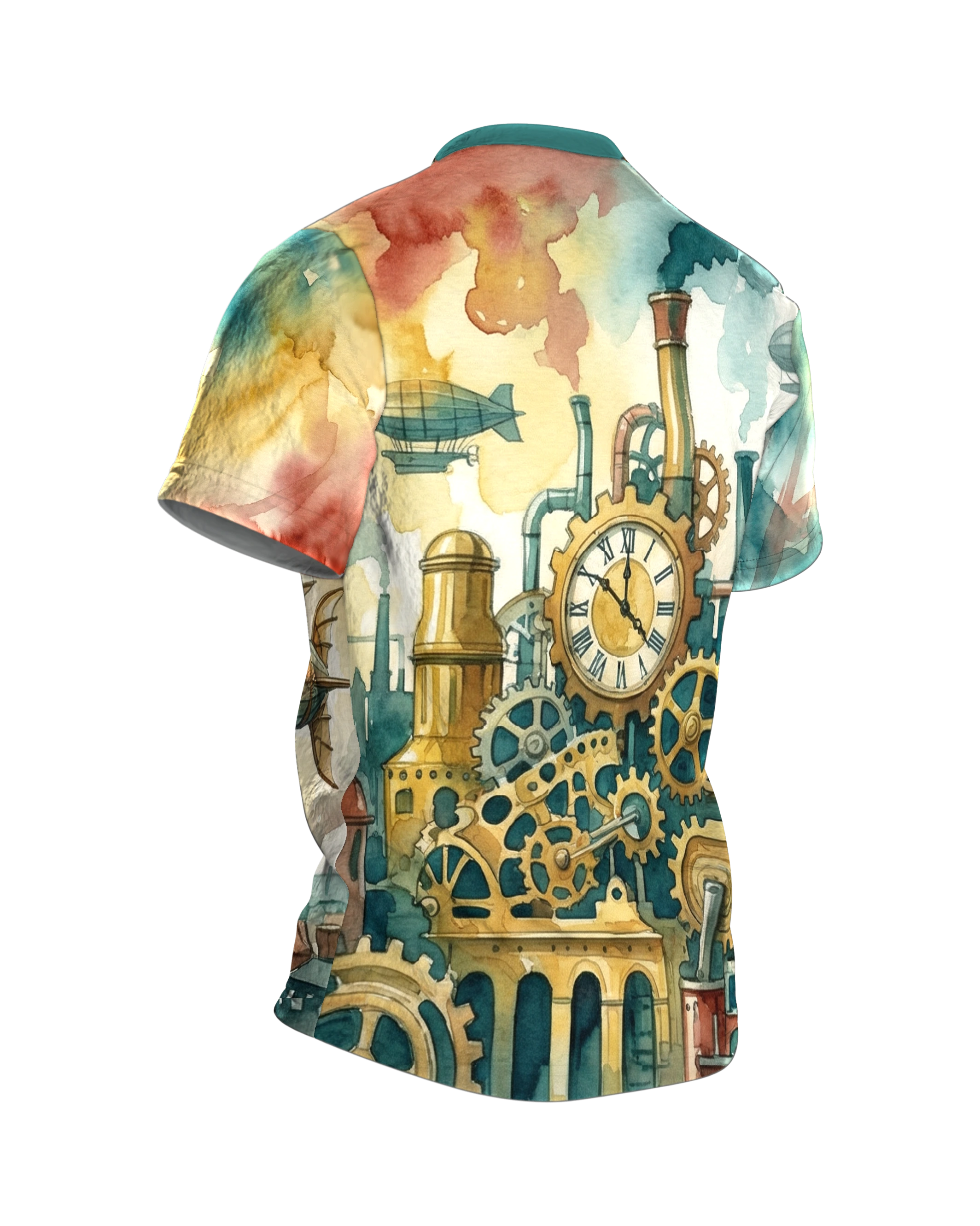 Steampunk Luftschiff T-Shirt: Uhrwerk-Zeppelin über der Stadt, Rückseite schräg rechts