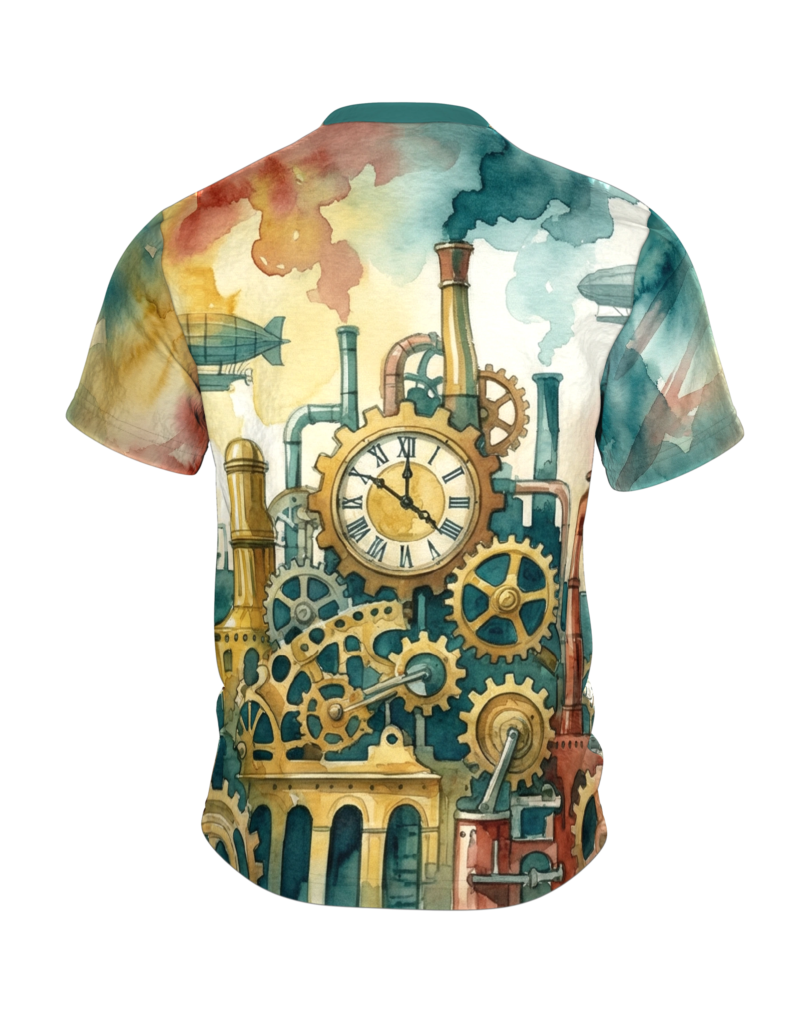Steampunk Luftschiff T-Shirt: Uhrwerk-Zeppelin über der Stadt, Rückseite