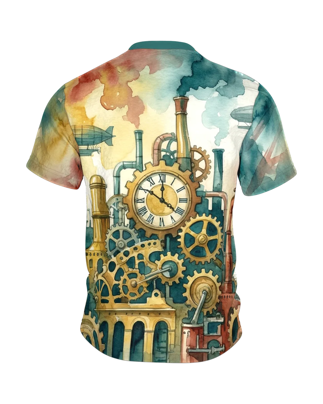 Steampunk Luftschiff T-Shirt: Uhrwerk-Zeppelin über der Stadt, Rückseite