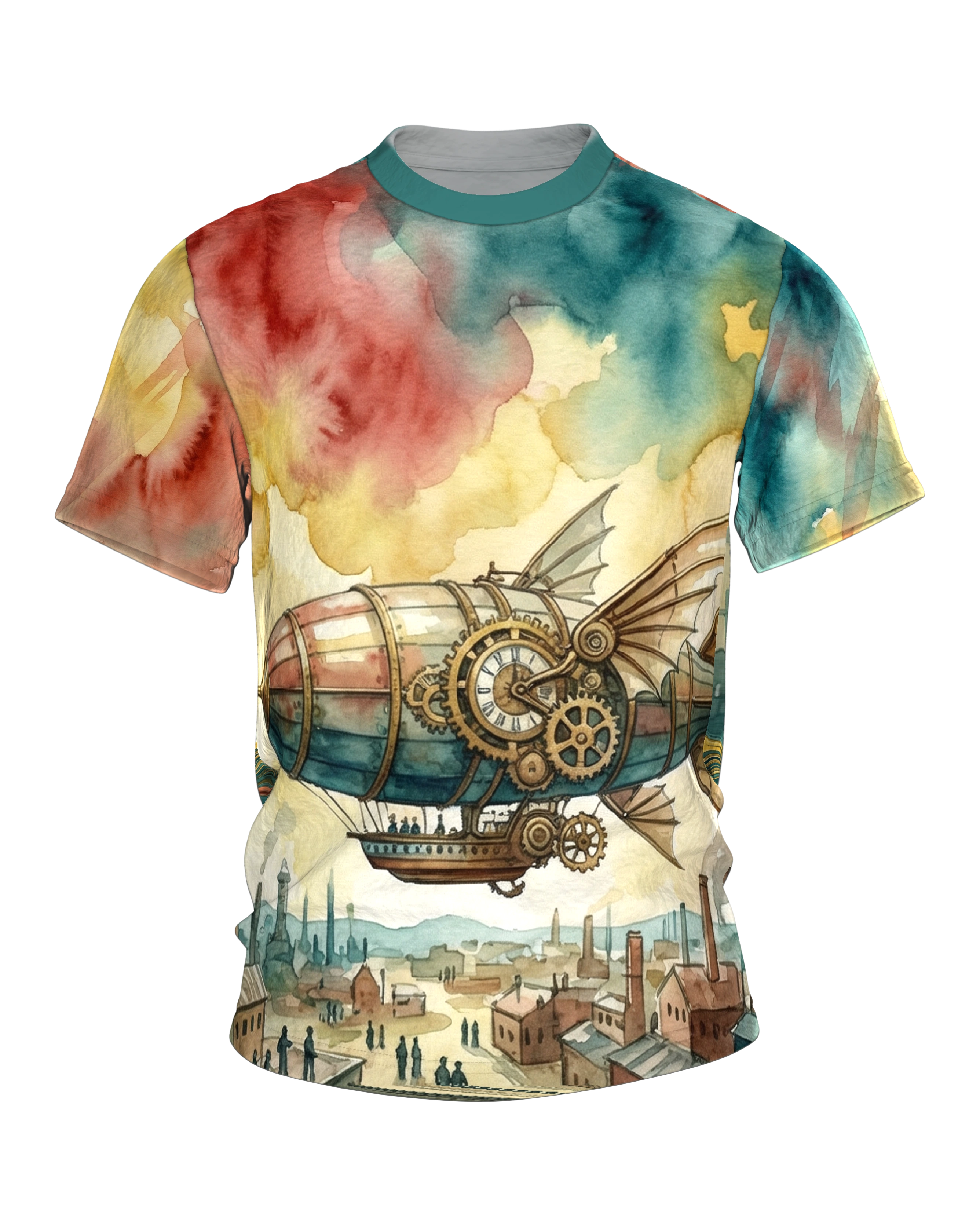 Steampunk Luftschiff T-Shirt: Uhrwerk-Zeppelin über der Stadt