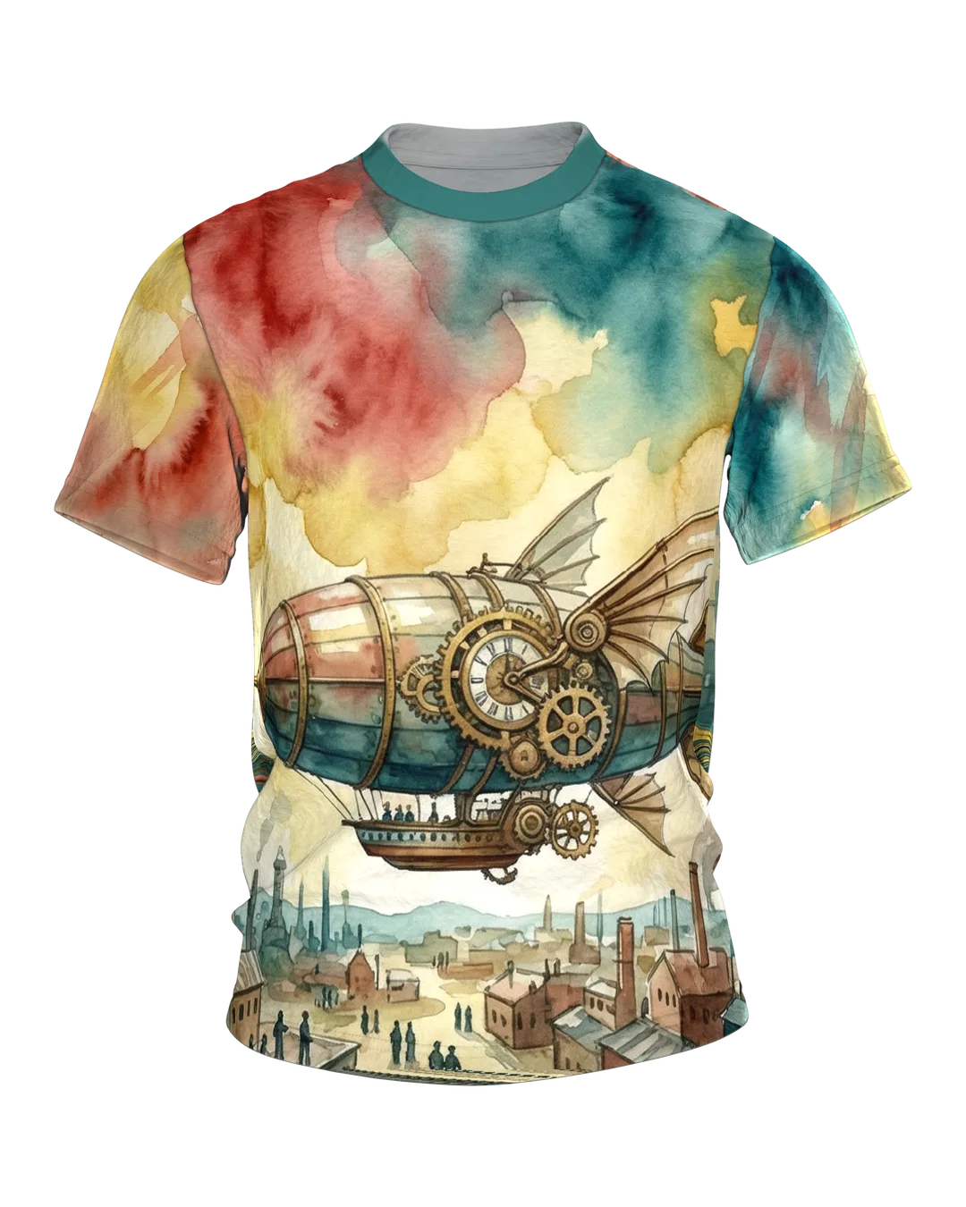 Steampunk Luftschiff T-Shirt: Uhrwerk-Zeppelin über der Stadt