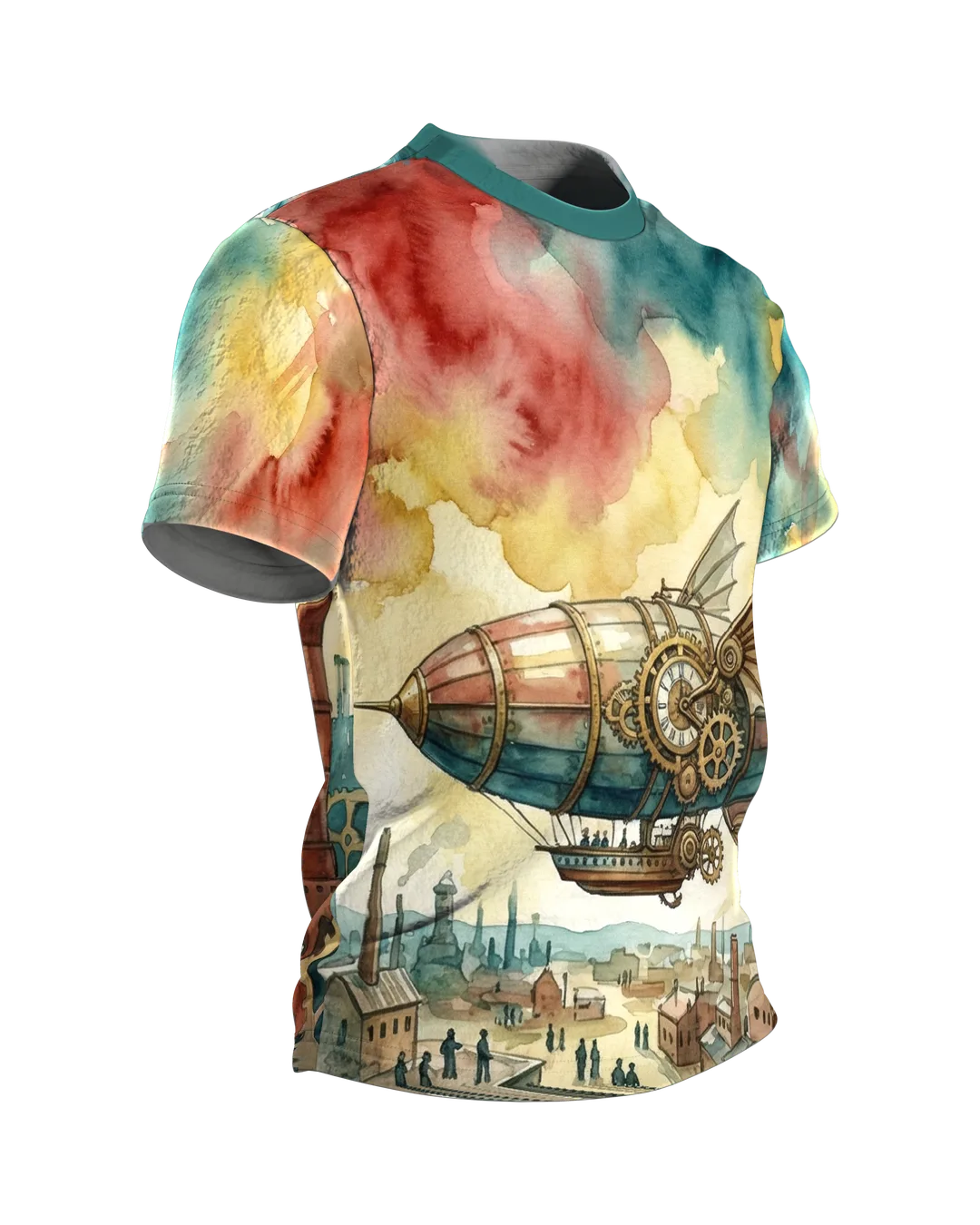 Steampunk Luftschiff T-Shirt: Uhrwerk-Zeppelin über der Stadt, Seitenansicht links