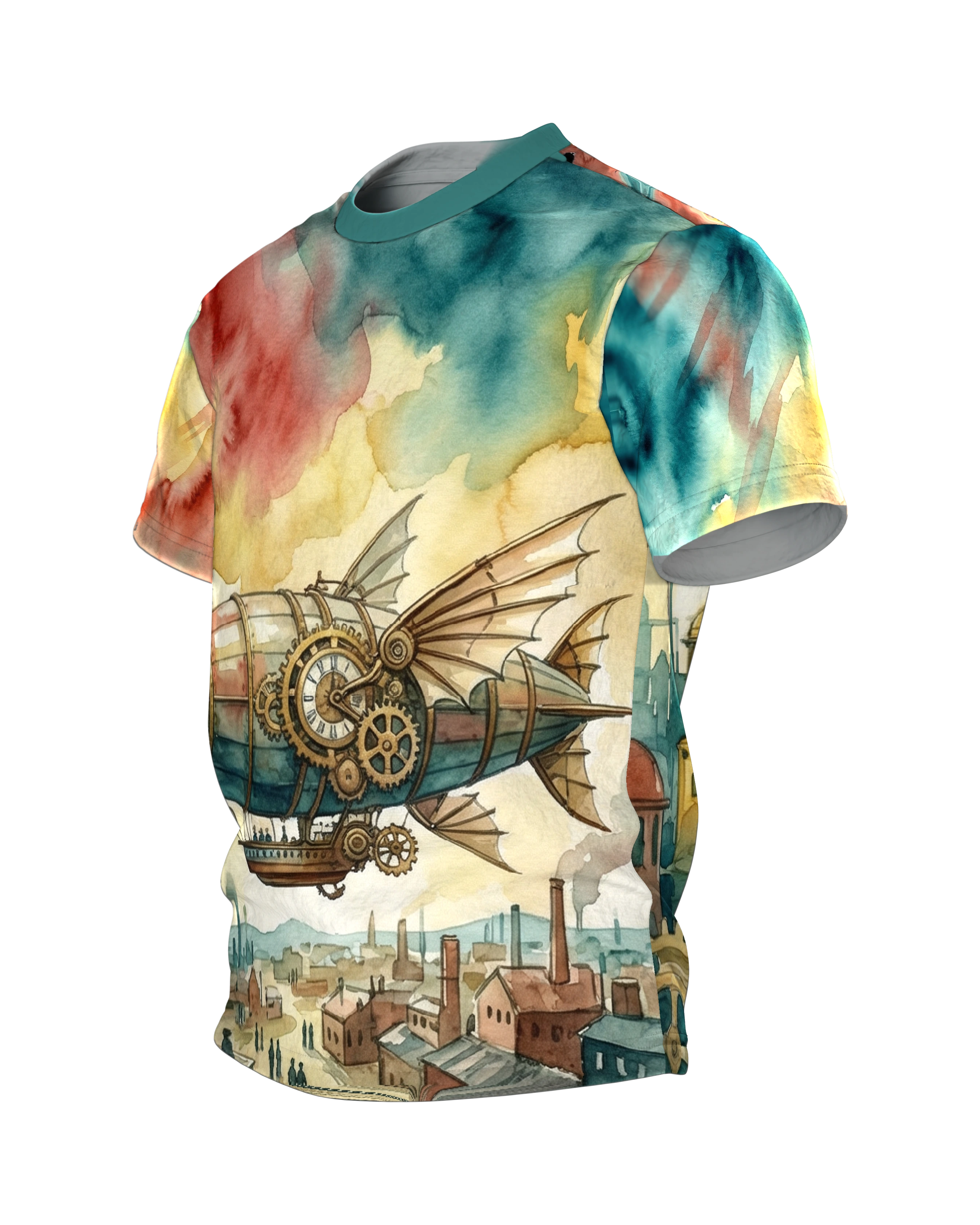 Steampunk Luftschiff T-Shirt: Uhrwerk-Zeppelin über der Stadt, Seitenansicht rechts