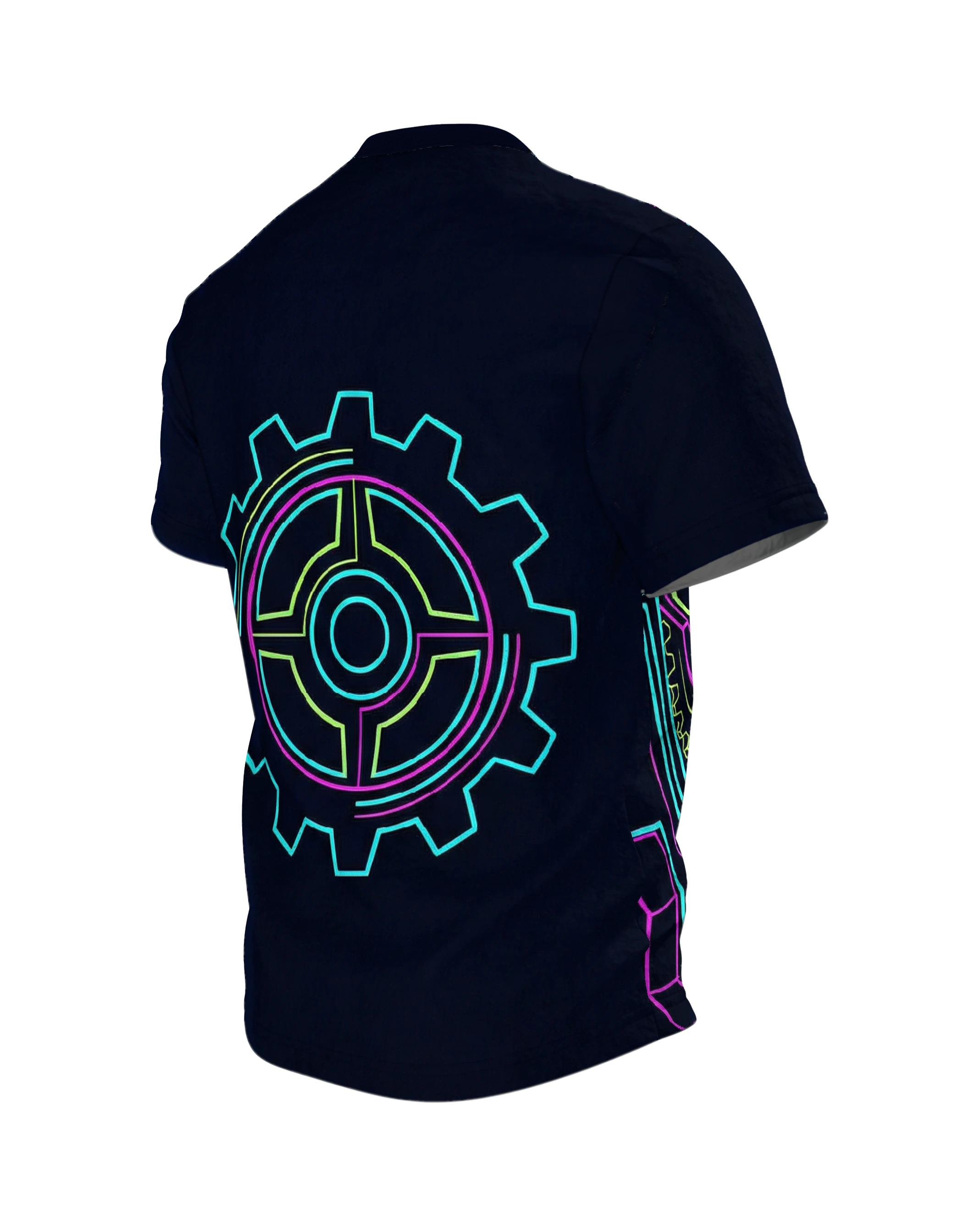 Neon Zahnrad T-Shirt: Cyberpunk Mechanik, Rückseite schräg links