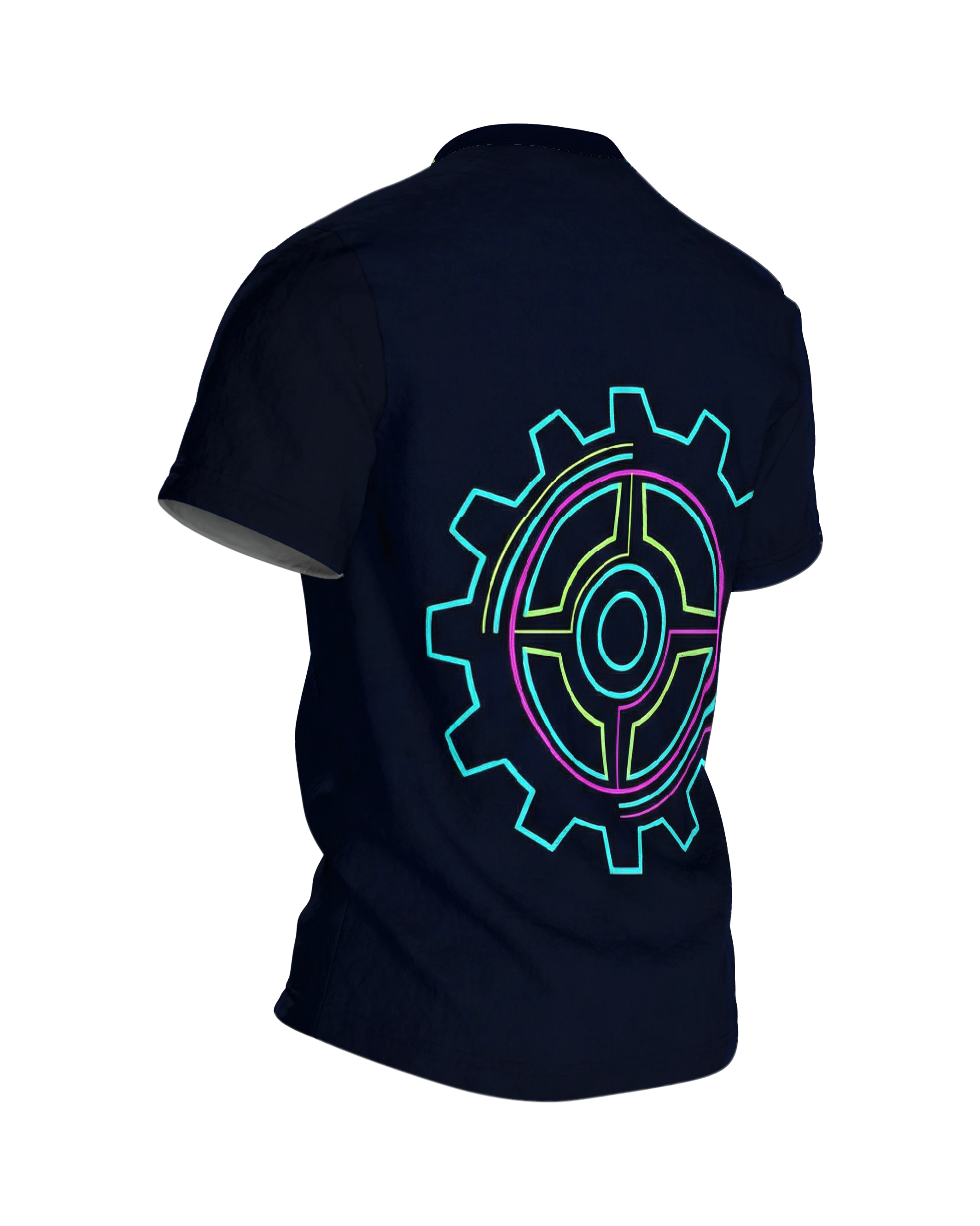 Neon Zahnrad T-Shirt: Cyberpunk Mechanik, Rückseite schräg rechts
