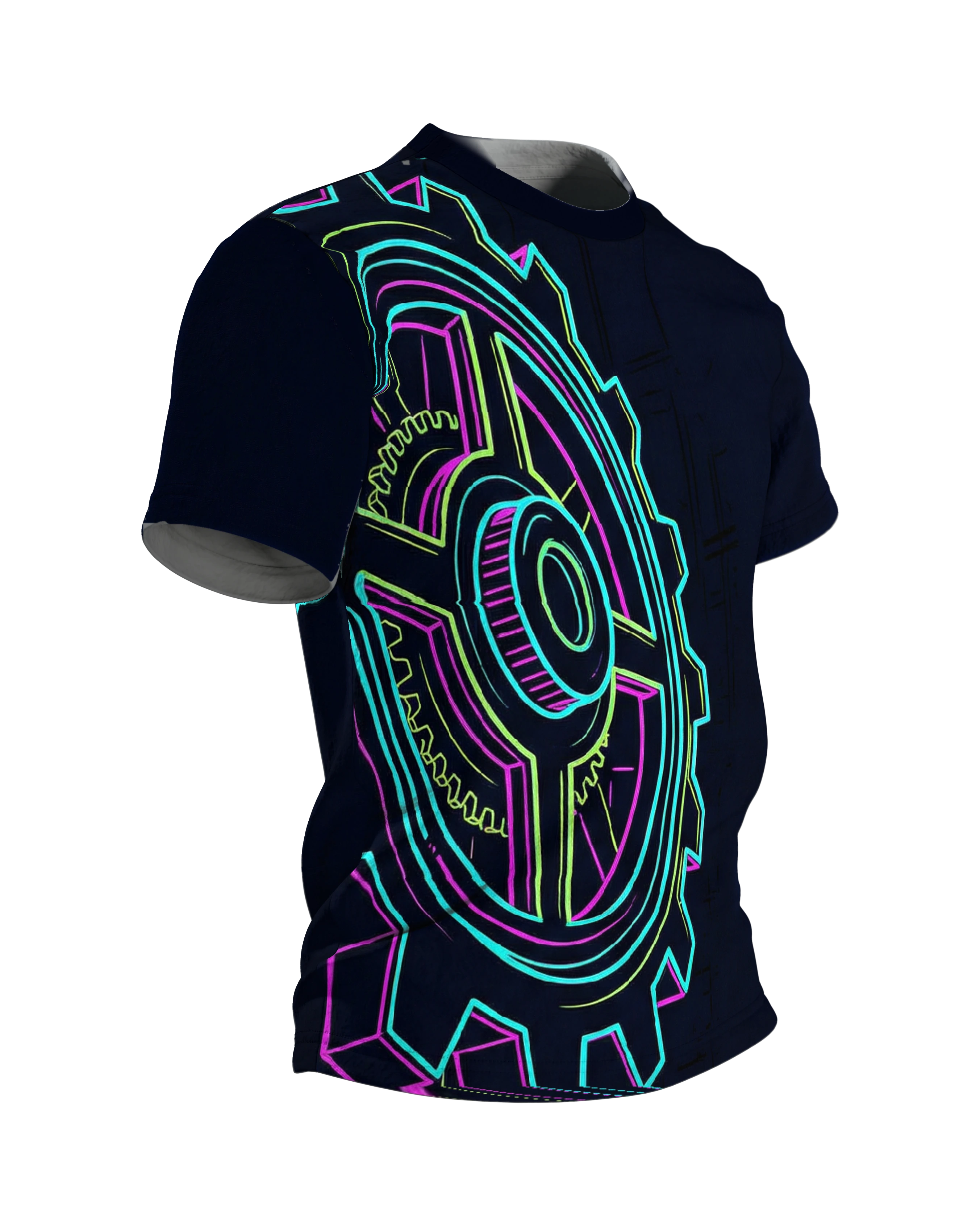 Neon Zahnrad T-Shirt: Cyberpunk Mechanik, Seitenansicht links