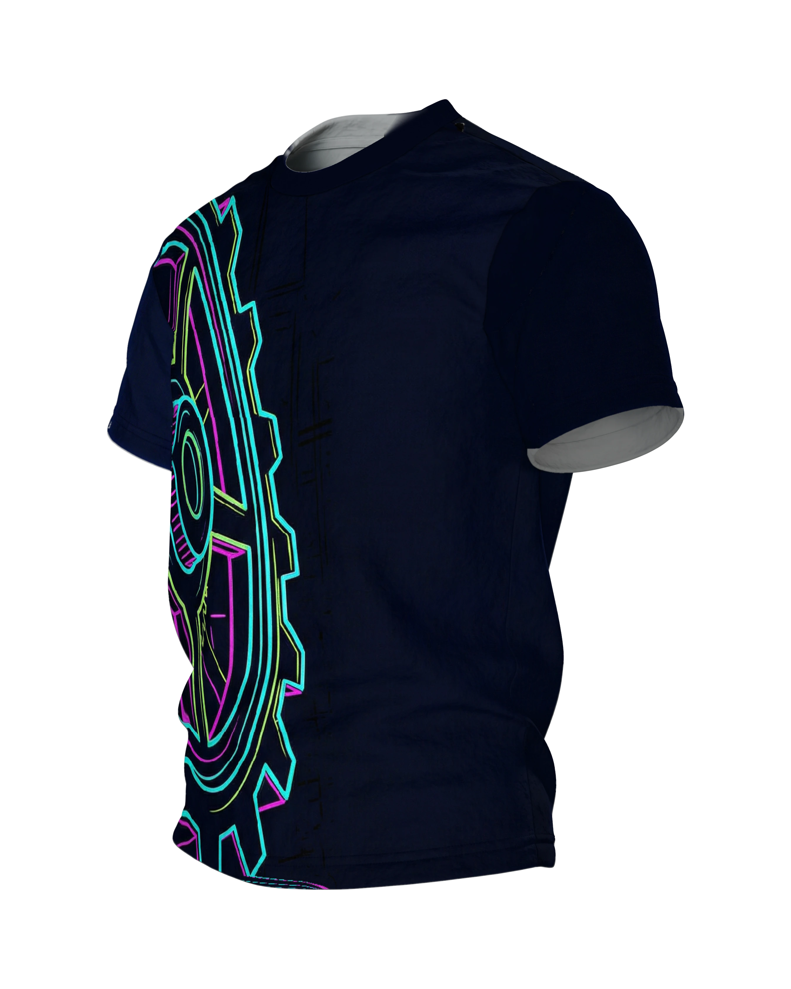 Neon Zahnrad T-Shirt: Cyberpunk Mechanik, Seitenansicht rechts