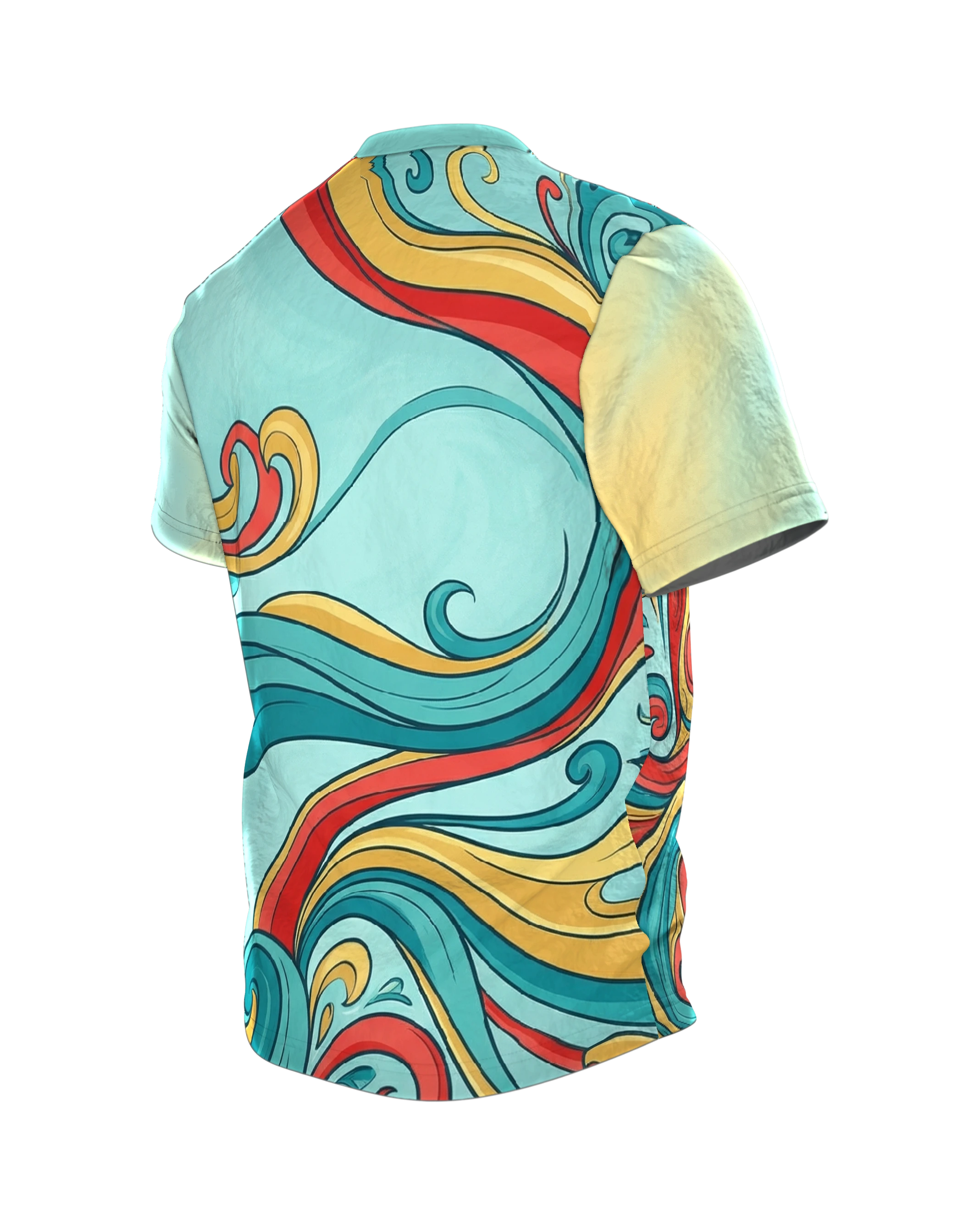 Abstraktes Pop-Art Wellen T-Shirt, tanzende Farbbänder auf Mint als Allover, Rückseite schräg links
