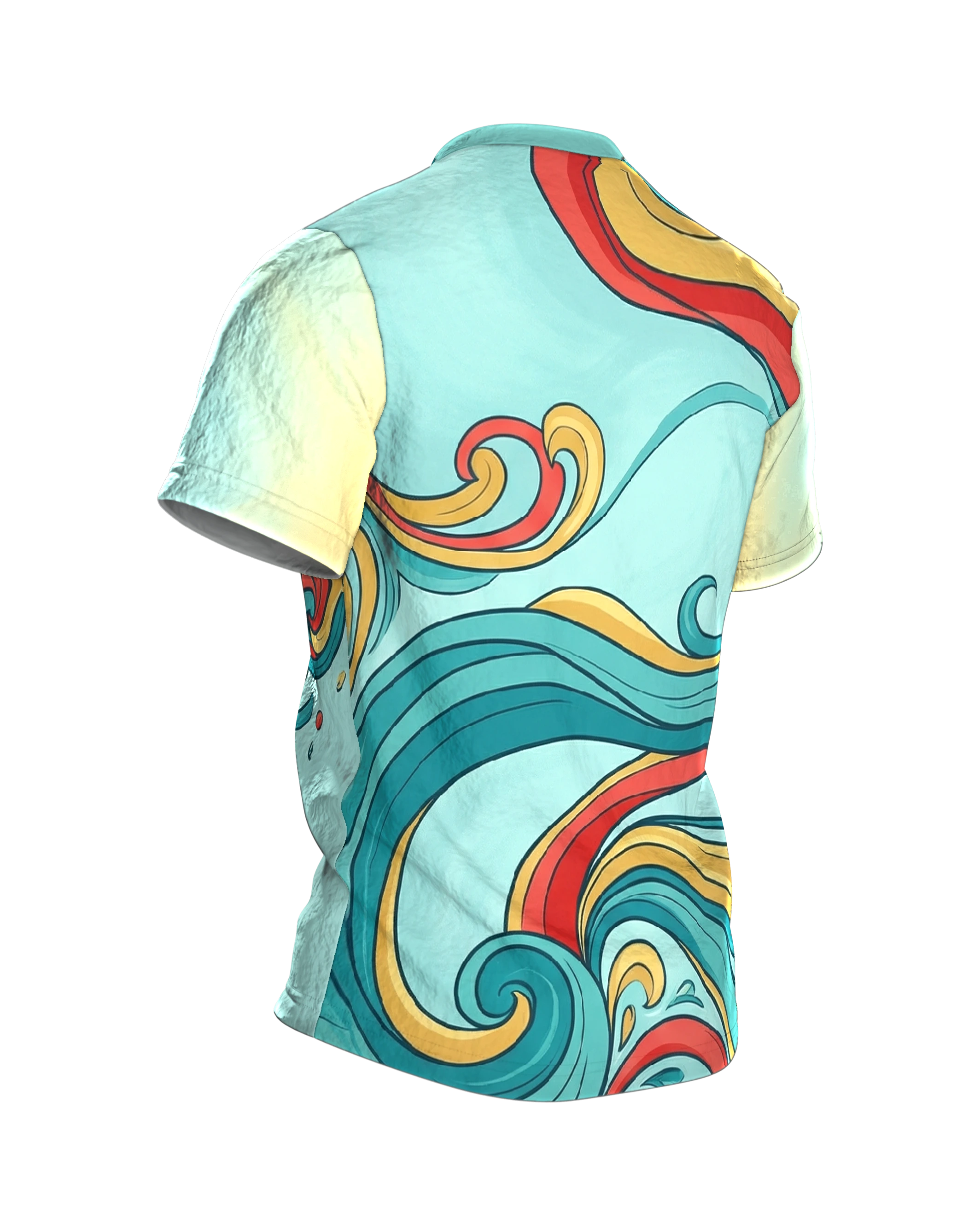 Abstraktes Pop-Art Wellen T-Shirt, tanzende Farbbänder auf Mint als Allover, Rückseite schräg rechts