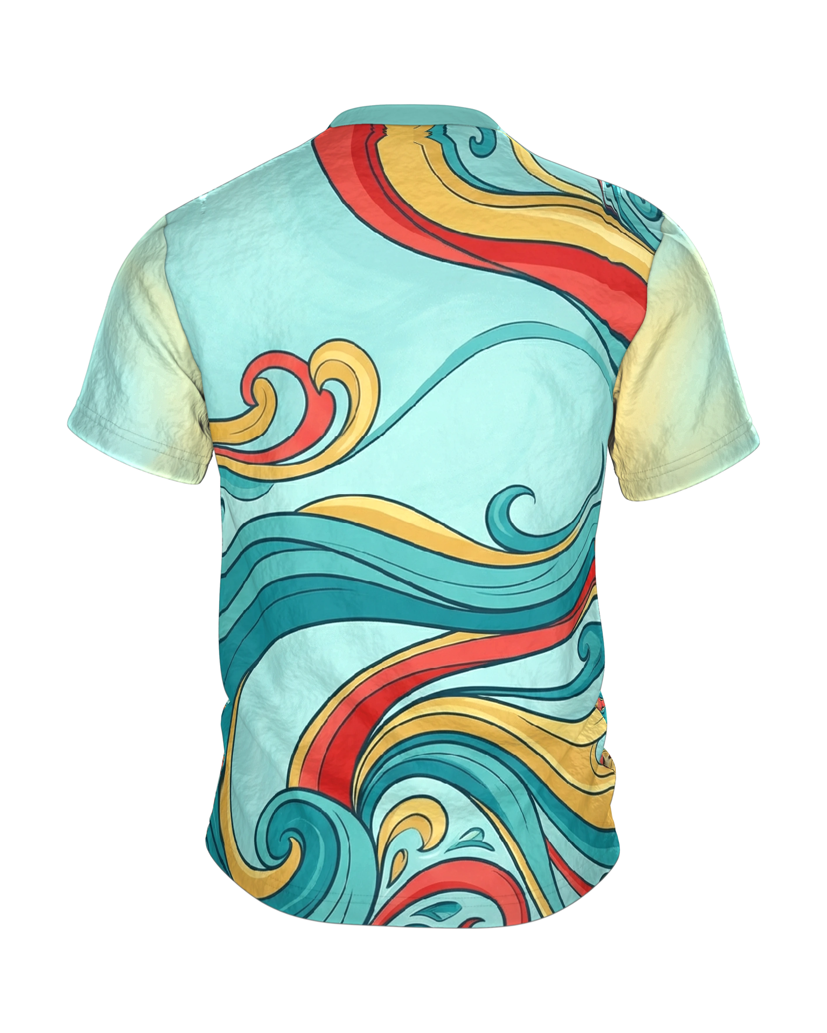 Abstraktes Pop-Art Wellen T-Shirt, tanzende Farbbänder auf Mint als Allover, Rückseite