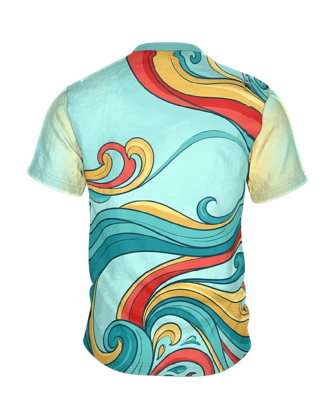 Abstraktes Pop-Art Wellen T-Shirt, tanzende Farbbänder auf Mint als Allover, Rückseite