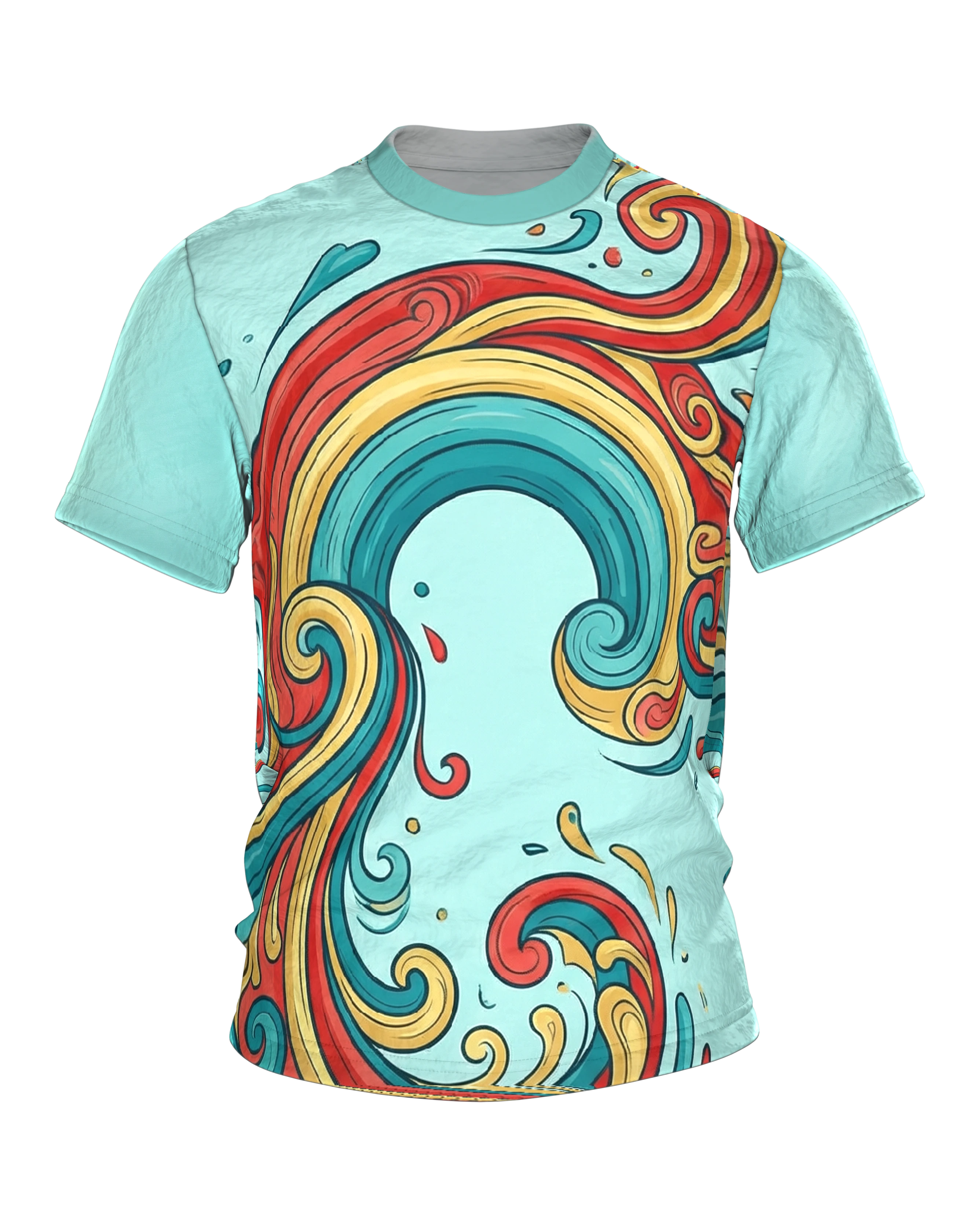 Abstraktes Pop-Art Wellen T-Shirt, tanzende Farbbänder auf Mint als Allover