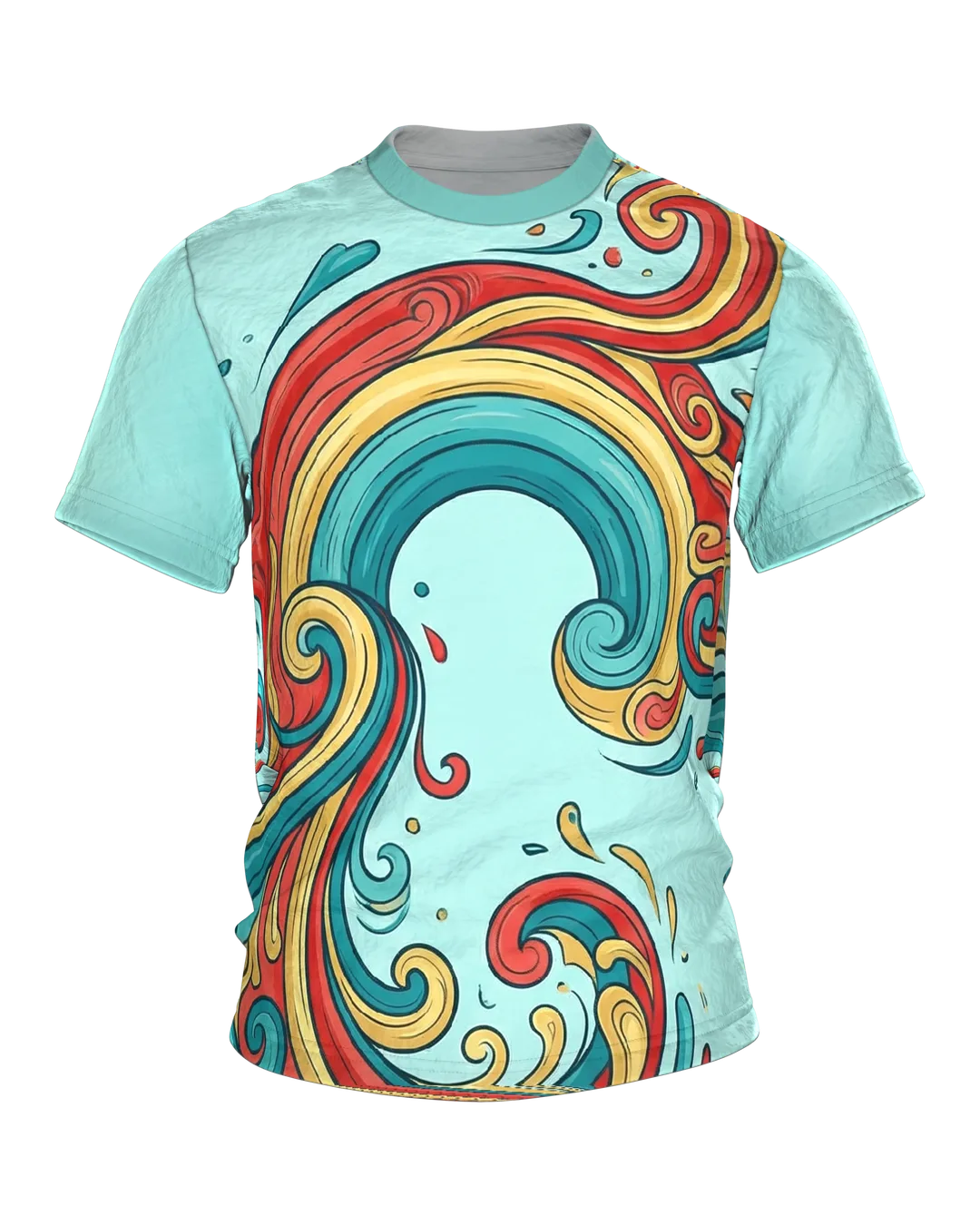 Abstraktes Pop-Art Wellen T-Shirt, tanzende Farbbänder auf Mint als Allover
