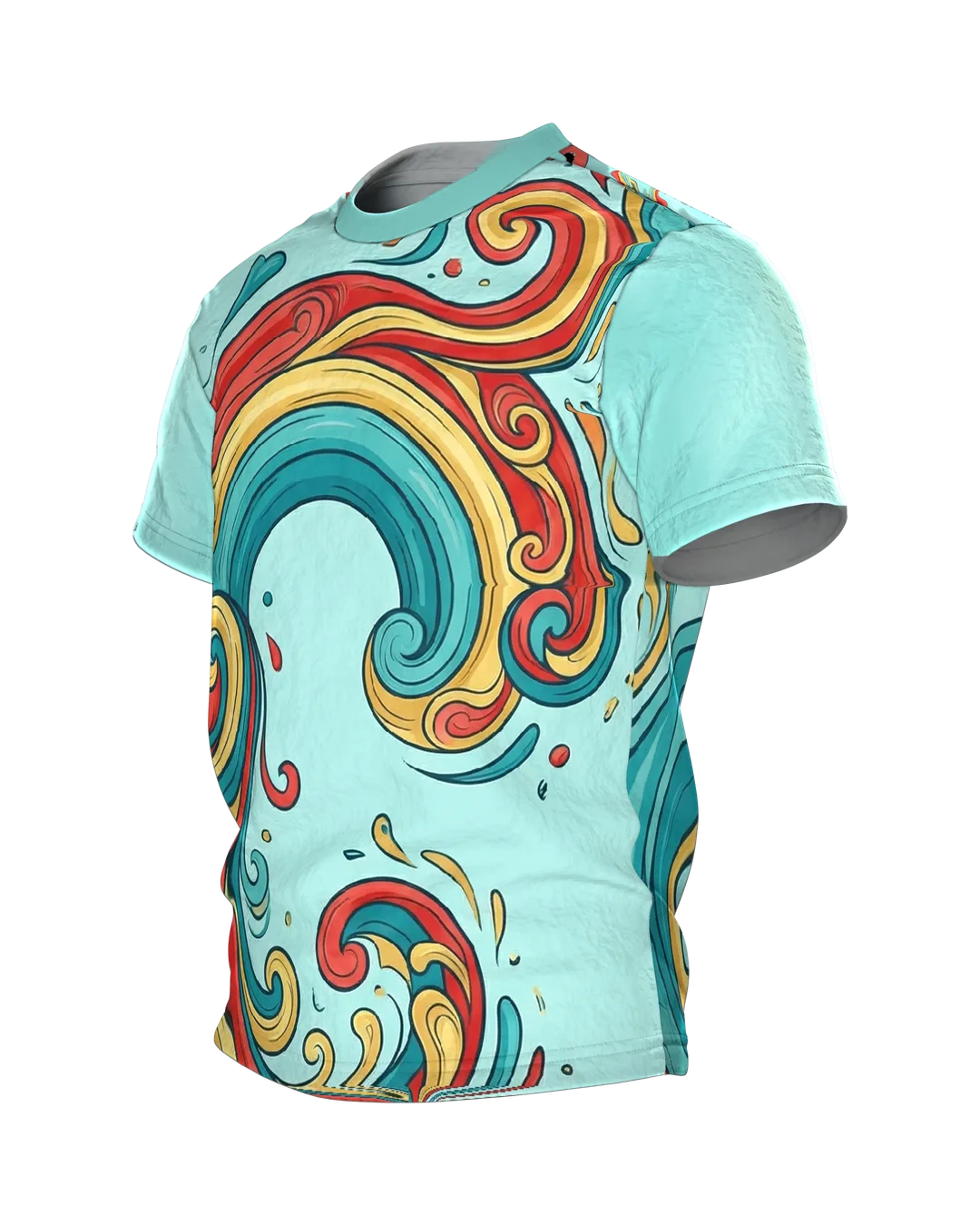 Abstraktes Pop-Art Wellen T-Shirt, tanzende Farbbänder auf Mint als Allover, Seitenansicht rechts