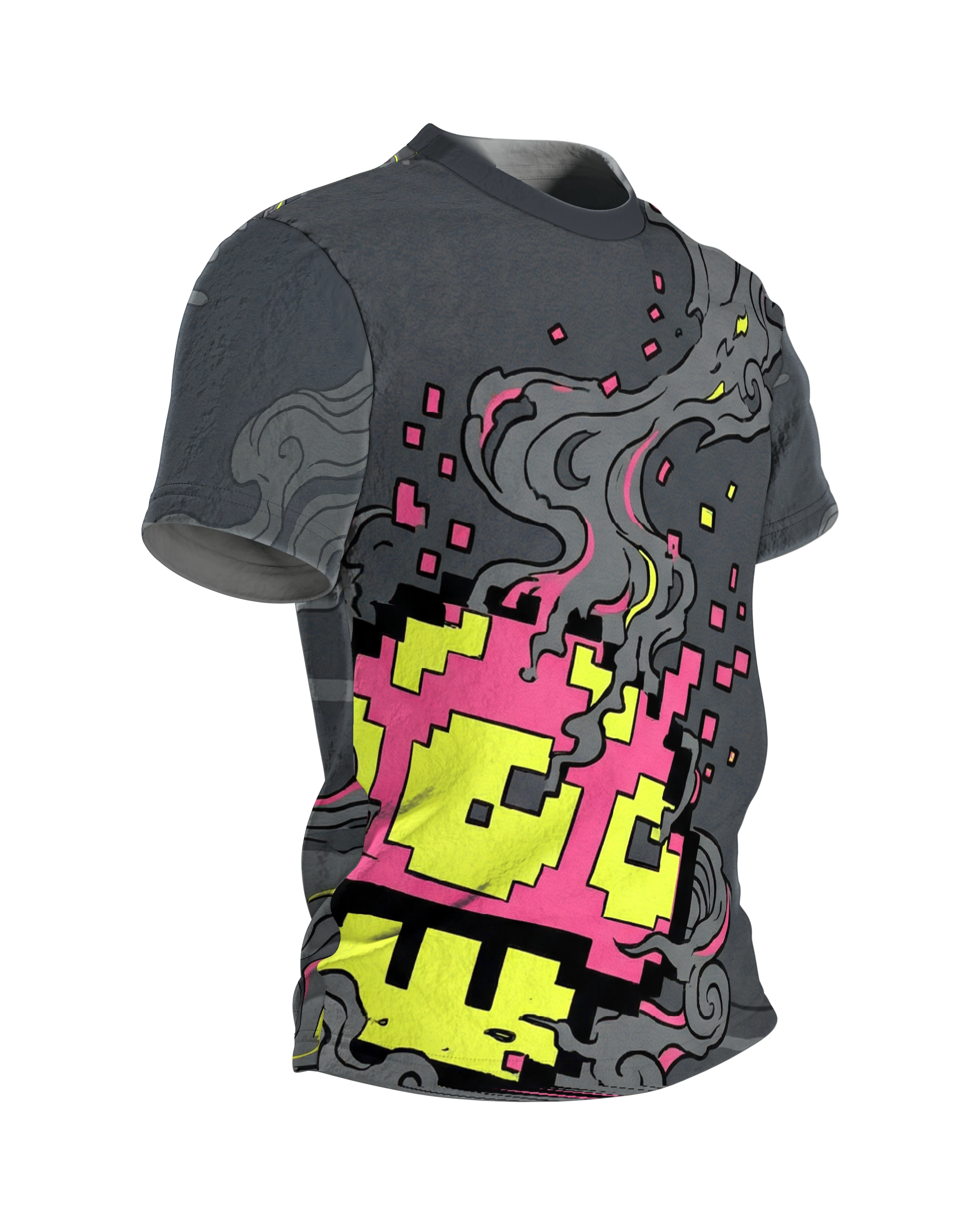 8-Bit Pilz T-Shirt: Pixel-Wesen im Rauchwirbel, Seitenansicht links
