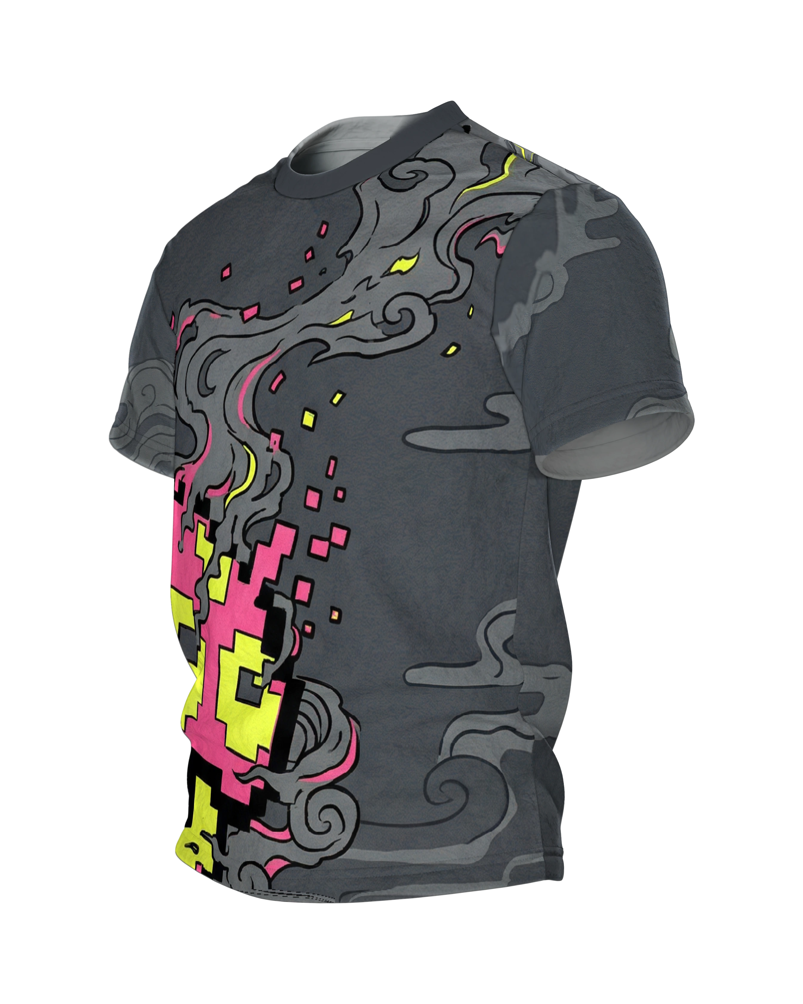8-Bit Pilz T-Shirt: Pixel-Wesen im Rauchwirbel, Seitenansicht rechts