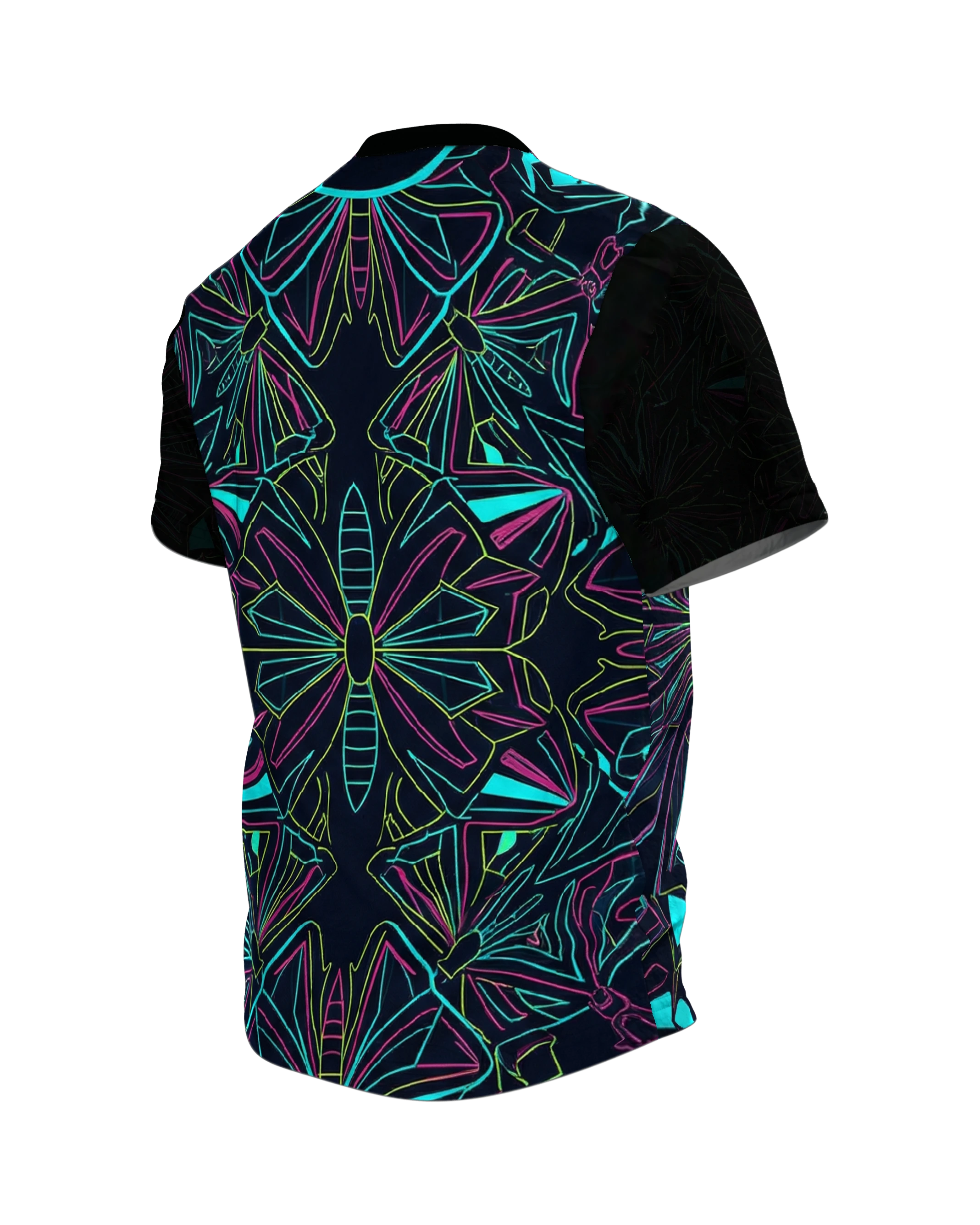 Neon Schmetterling T-Shirt: Geometrisches Design, Rückseite schräg links