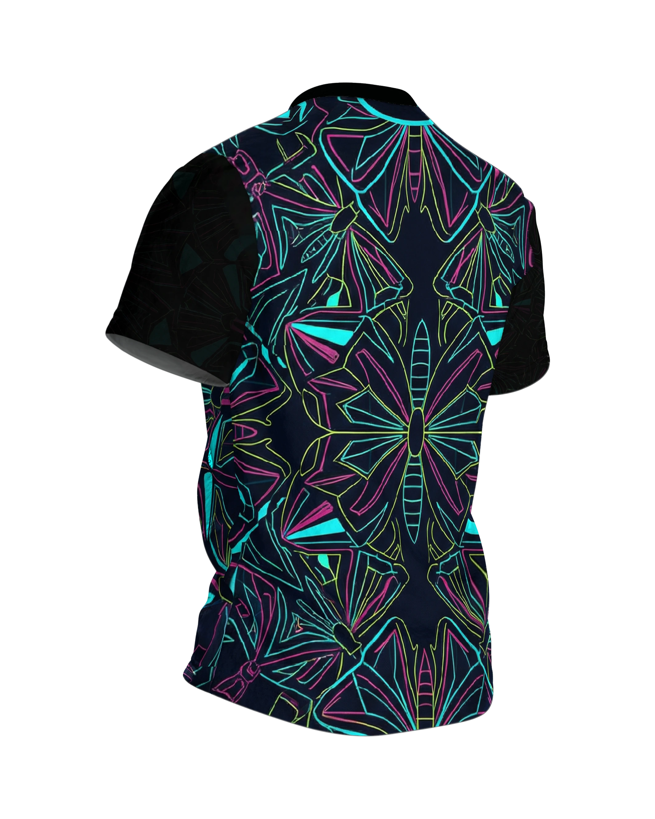 Neon Schmetterling T-Shirt: Geometrisches Design, Rückseite schräg rechts