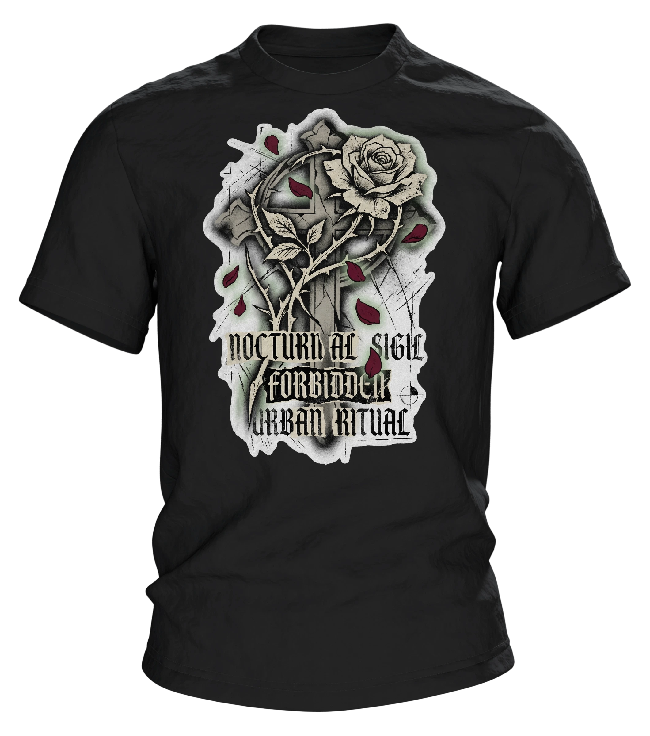Gothic Rose Urban Ritual T-Shirt, Kreuz und Rose mit Schriftzügen Nocturnal Sigil und Forbidden, Dornen-Schrift am Rücken