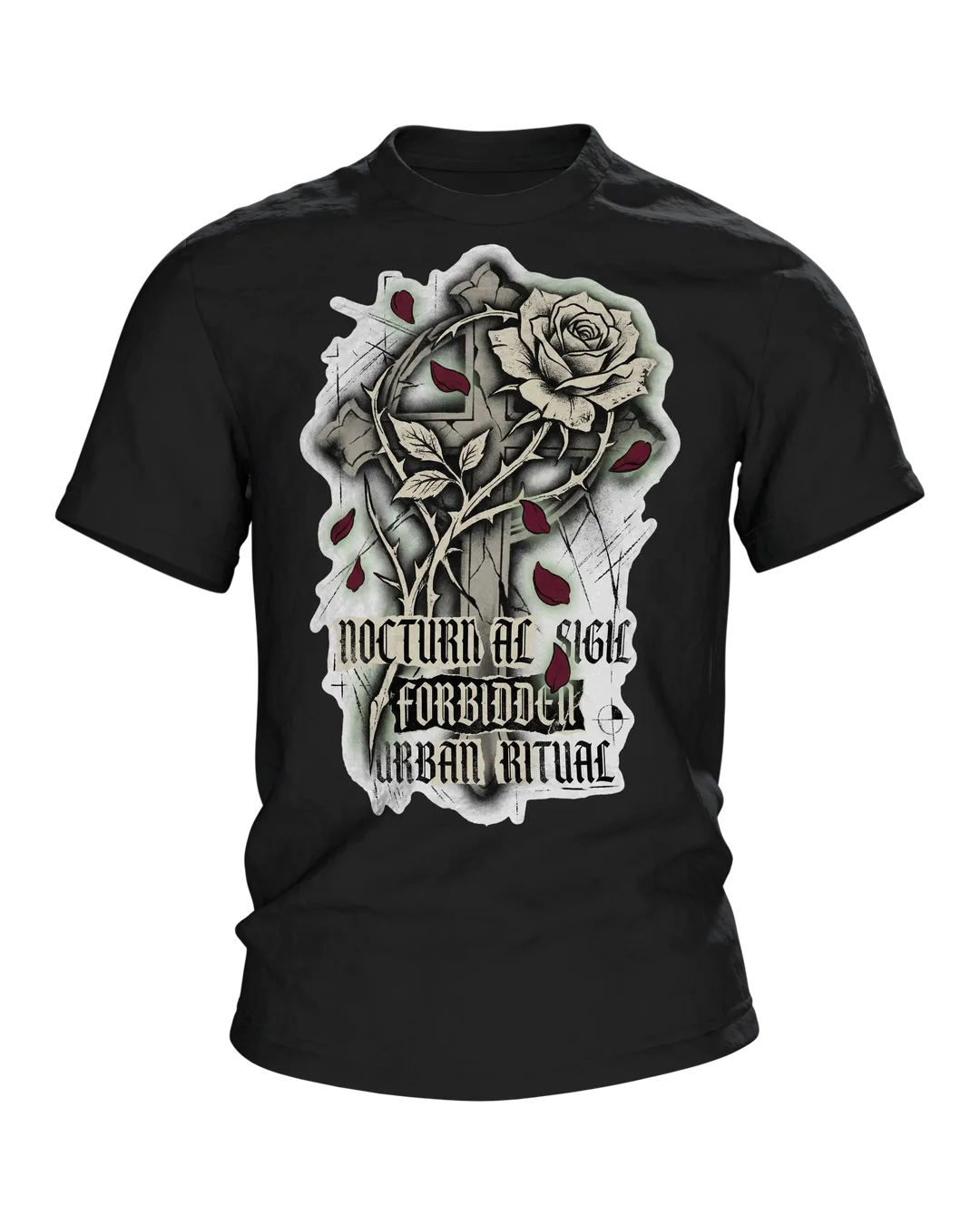 Gothic Rose Urban Ritual T-Shirt, Kreuz und Rose mit Schriftzügen Nocturnal Sigil und Forbidden, Dornen-Schrift am Rücken