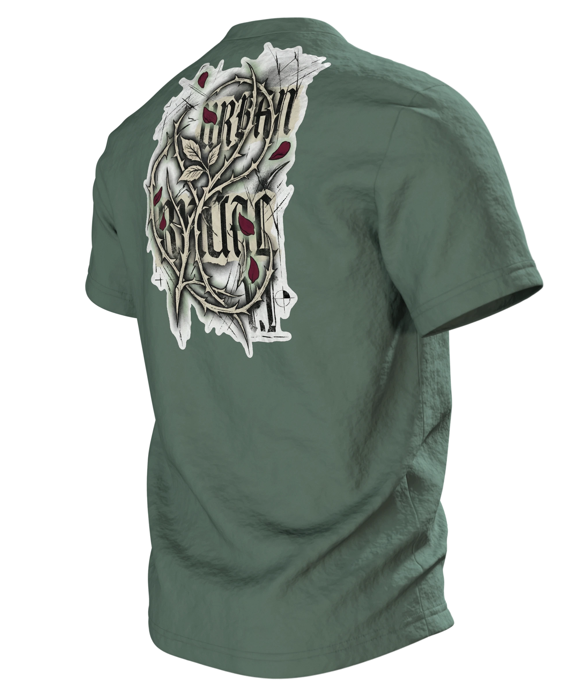 Gothic Rose Urban Ritual T-Shirt, Kreuz und Rose mit Schriftzügen Nocturnal Sigil und Forbidden, Dornen-Schrift am Rücken, Rückseite schräg links