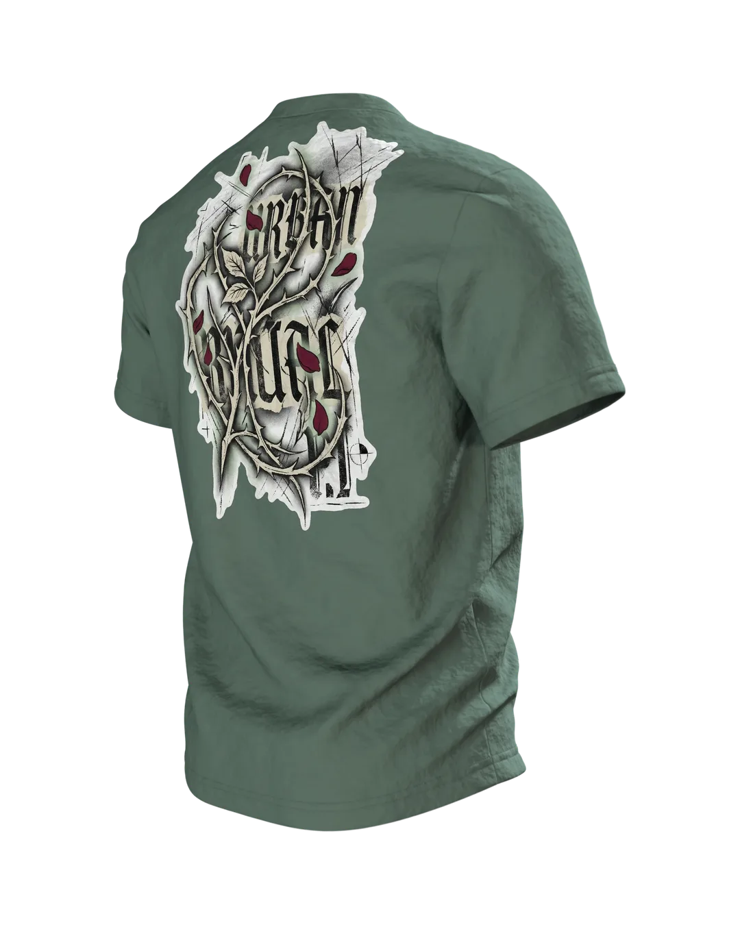 Gothic Rose Urban Ritual T-Shirt, Kreuz und Rose mit Schriftzügen Nocturnal Sigil und Forbidden, Dornen-Schrift am Rücken, Rückseite schräg links
