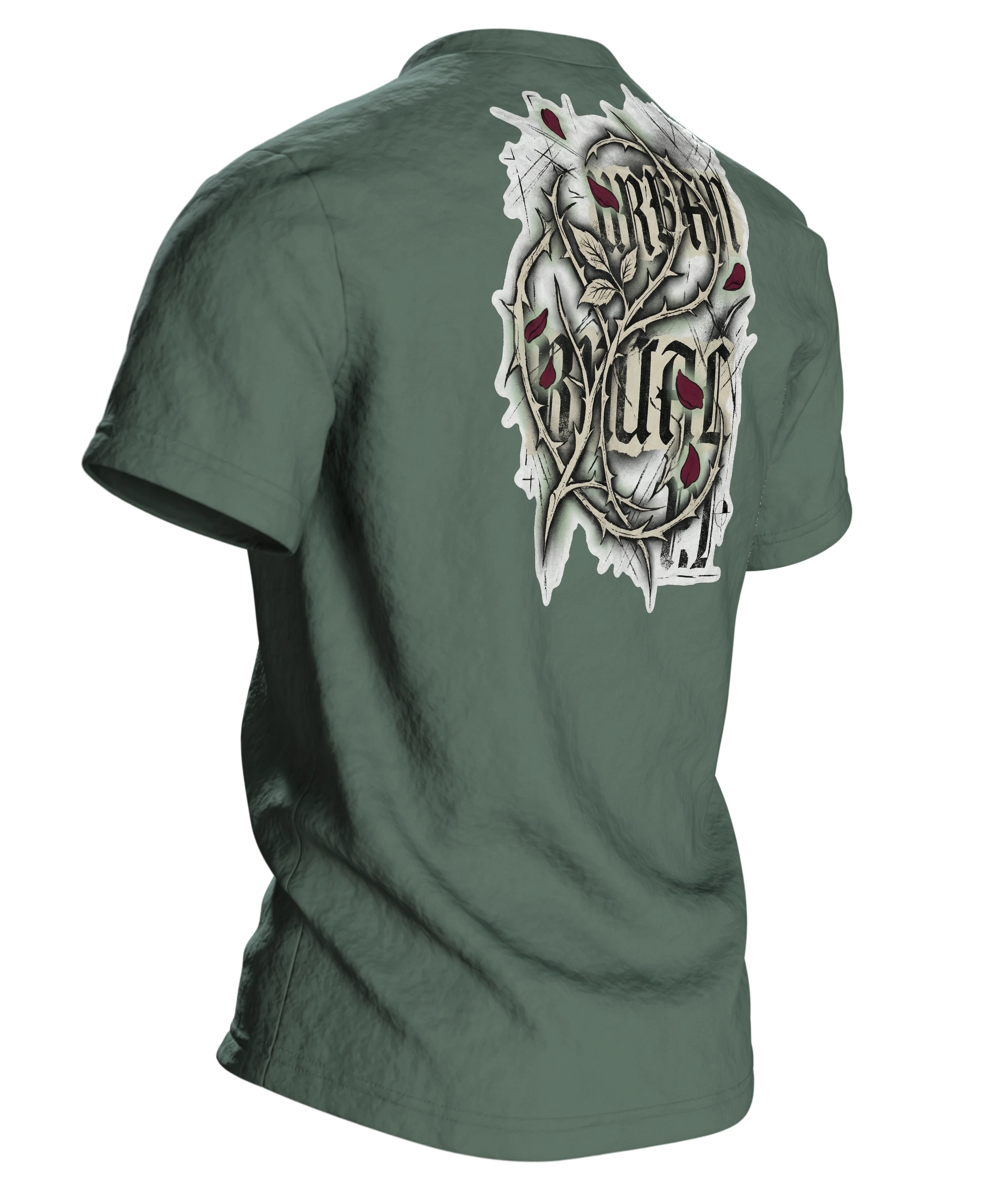 Gothic Rose Urban Ritual T-Shirt, Kreuz und Rose mit Schriftzügen Nocturnal Sigil und Forbidden, Dornen-Schrift am Rücken, Rückseite schräg rechts