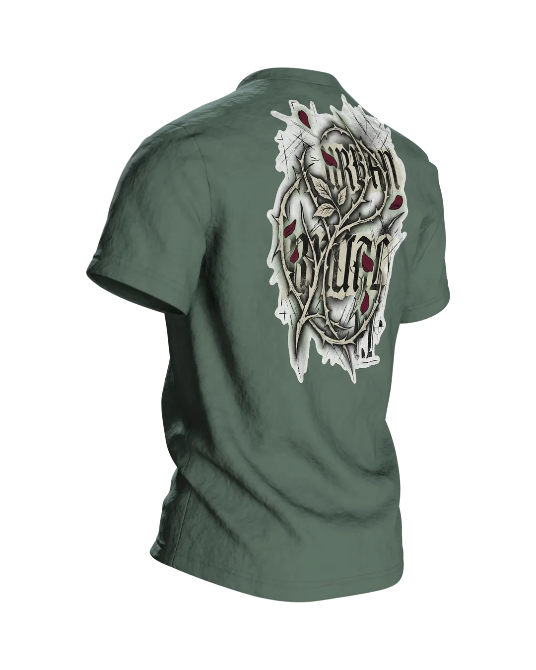 Gothic Rose Urban Ritual T-Shirt, Kreuz und Rose mit Schriftzügen Nocturnal Sigil und Forbidden, Dornen-Schrift am Rücken, Rückseite schräg rechts