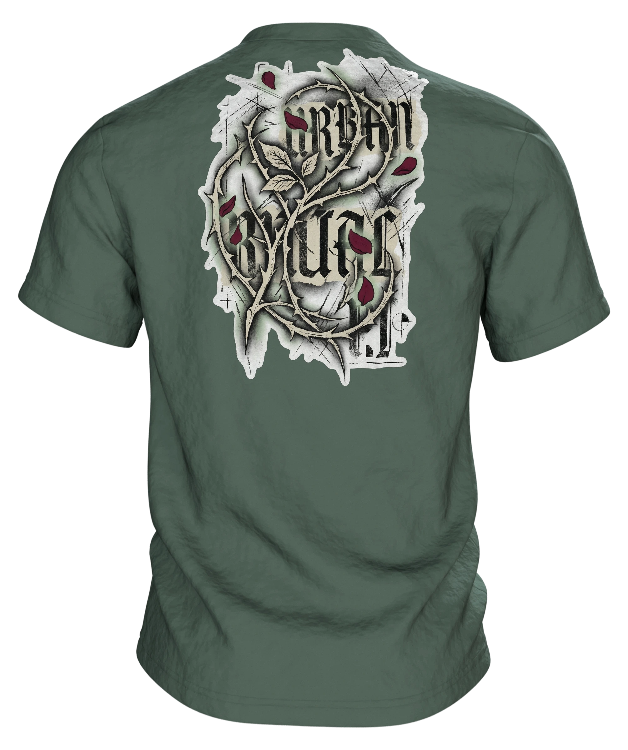 Gothic Rose Urban Ritual T-Shirt, Kreuz und Rose mit Schriftzügen Nocturnal Sigil und Forbidden, Dornen-Schrift am Rücken, Rückseite