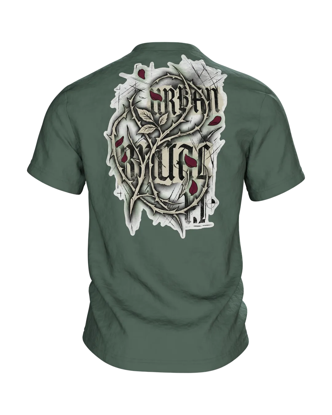 Gothic Rose Urban Ritual T-Shirt, Kreuz und Rose mit Schriftzügen Nocturnal Sigil und Forbidden, Dornen-Schrift am Rücken, Rückseite