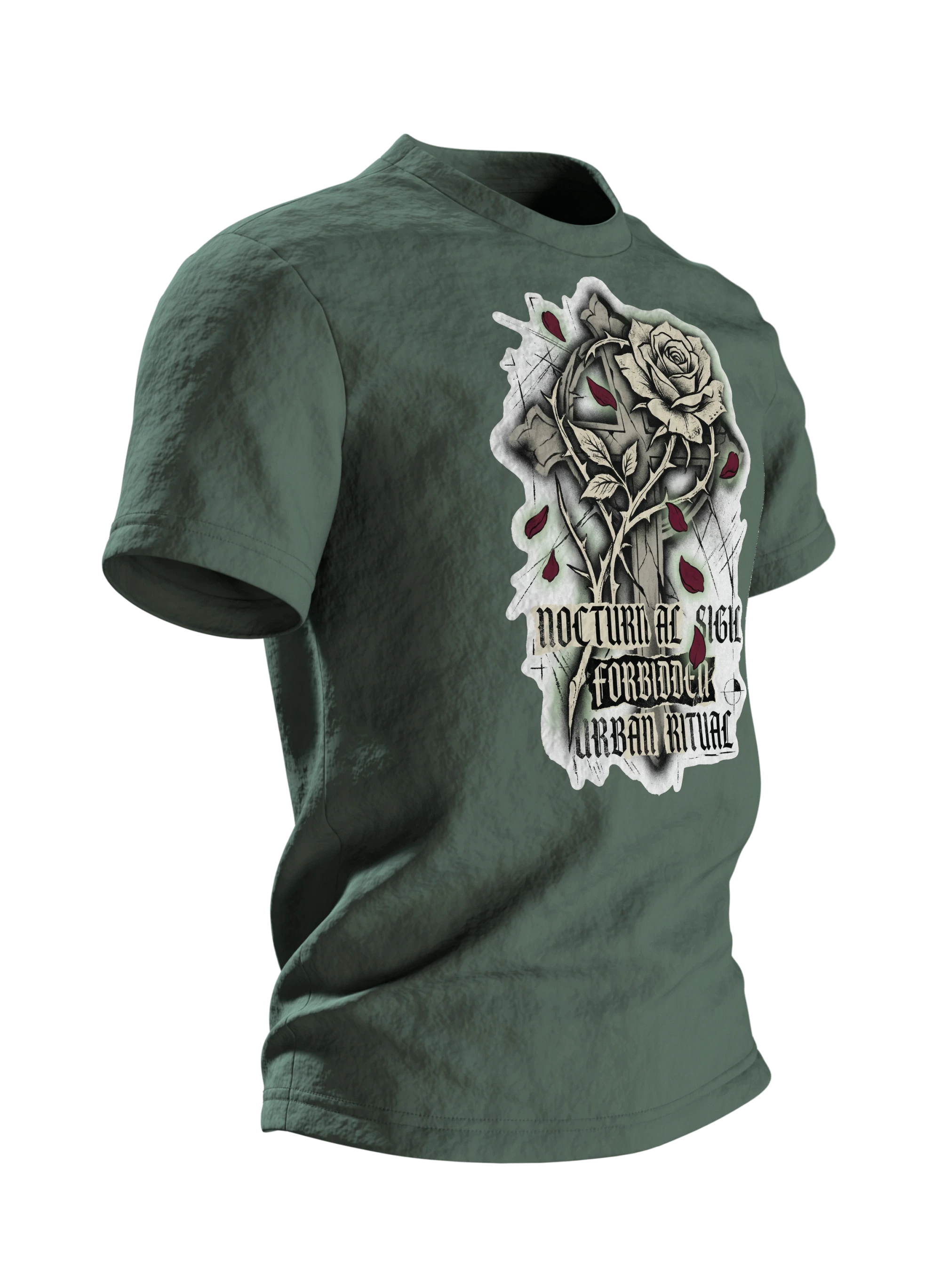 Gothic Rose Urban Ritual T-Shirt, Kreuz und Rose mit Schriftzügen Nocturnal Sigil und Forbidden, Dornen-Schrift am Rücken, Seitenansicht links
