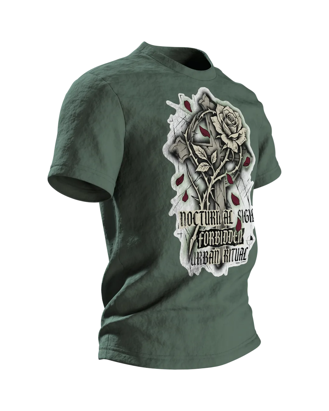 Gothic Rose Urban Ritual T-Shirt, Kreuz und Rose mit Schriftzügen Nocturnal Sigil und Forbidden, Dornen-Schrift am Rücken, Seitenansicht links
