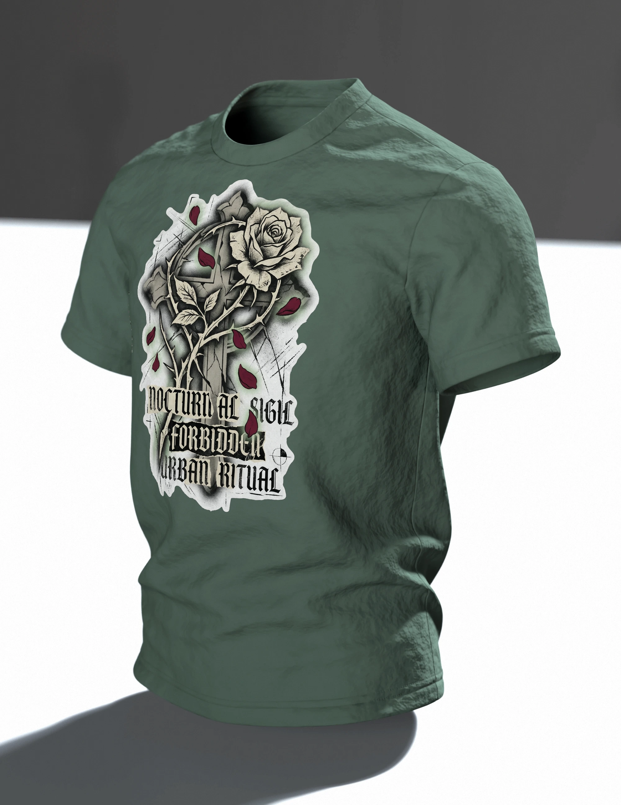 Gothic Rose Urban Ritual T-Shirt, Kreuz und Rose mit Schriftzügen Nocturnal Sigil und Forbidden, Dornen-Schrift am Rücken, Im Raum, schräg