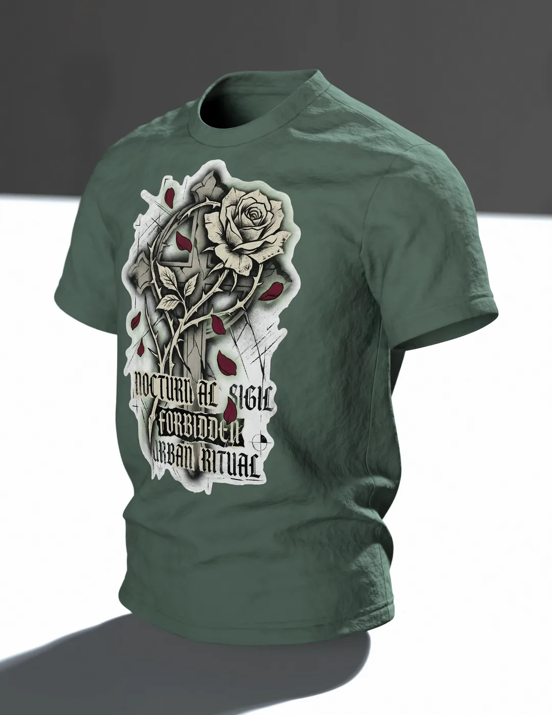 Gothic Rose Urban Ritual T-Shirt, Kreuz und Rose mit Schriftzügen Nocturnal Sigil und Forbidden, Dornen-Schrift am Rücken, Im Raum, schräg