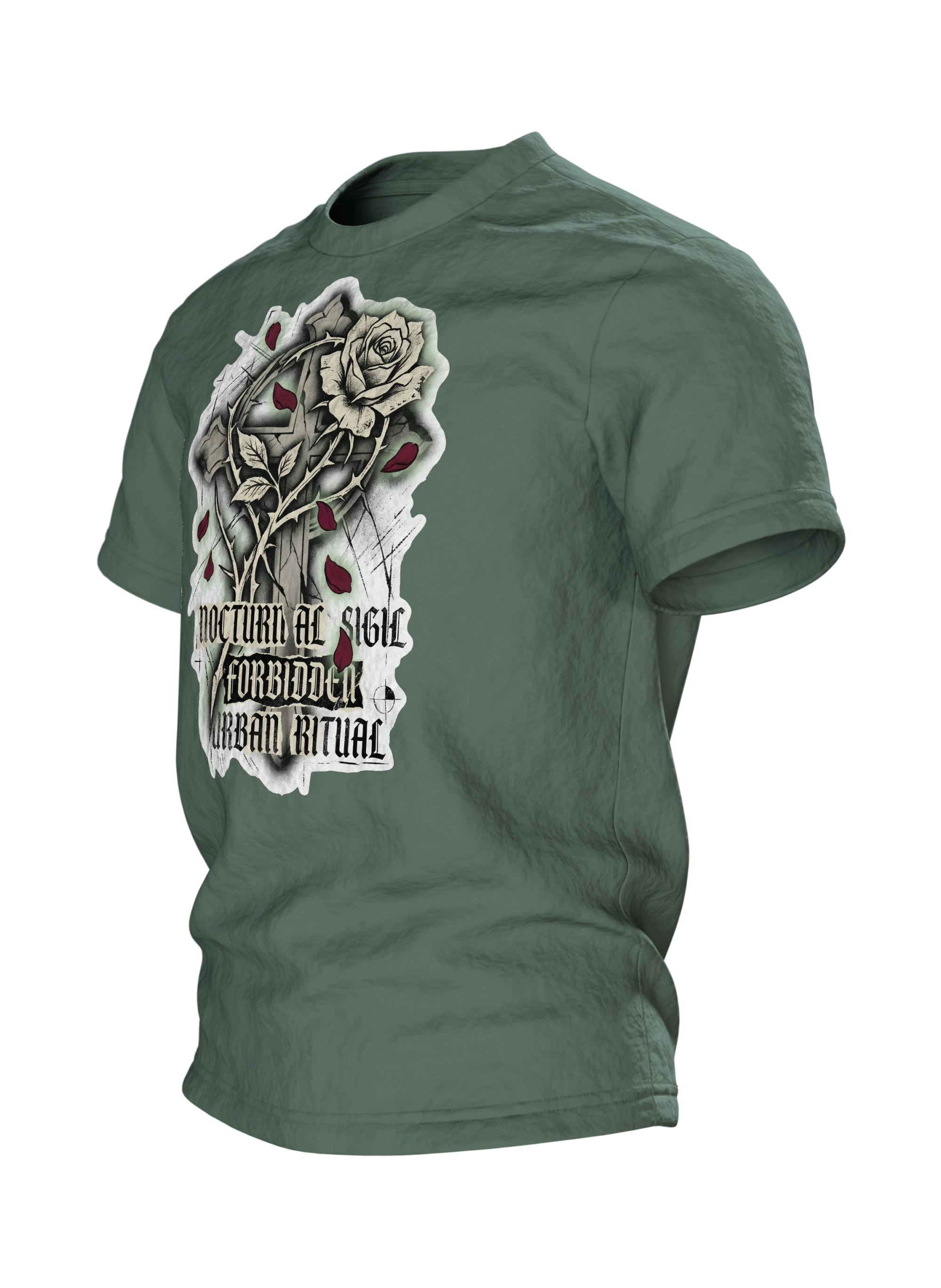 Gothic Rose Urban Ritual T-Shirt, Kreuz und Rose mit Schriftzügen Nocturnal Sigil und Forbidden, Dornen-Schrift am Rücken, Seitenansicht rechts