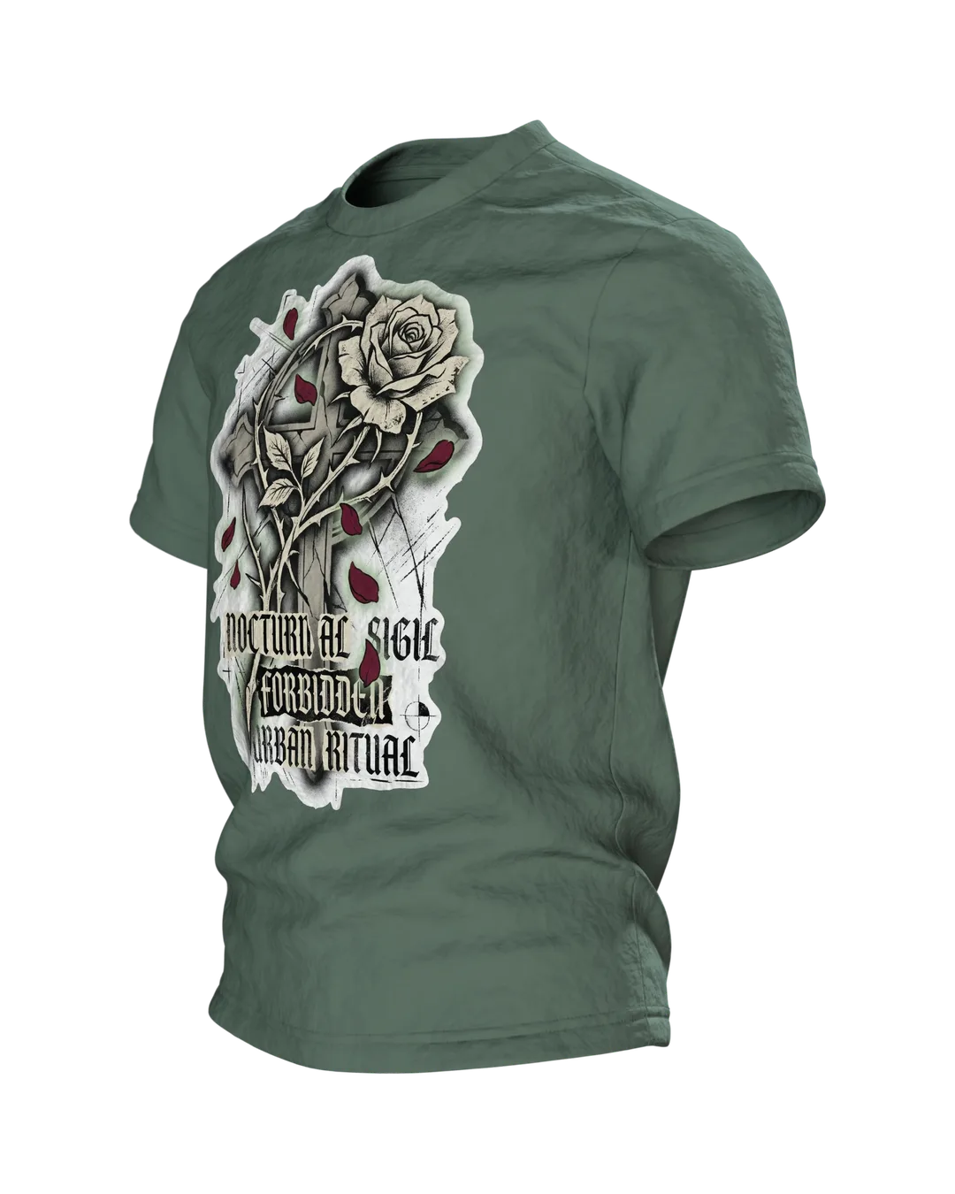 Gothic Rose Urban Ritual T-Shirt, Kreuz und Rose mit Schriftzügen Nocturnal Sigil und Forbidden, Dornen-Schrift am Rücken, Seitenansicht rechts