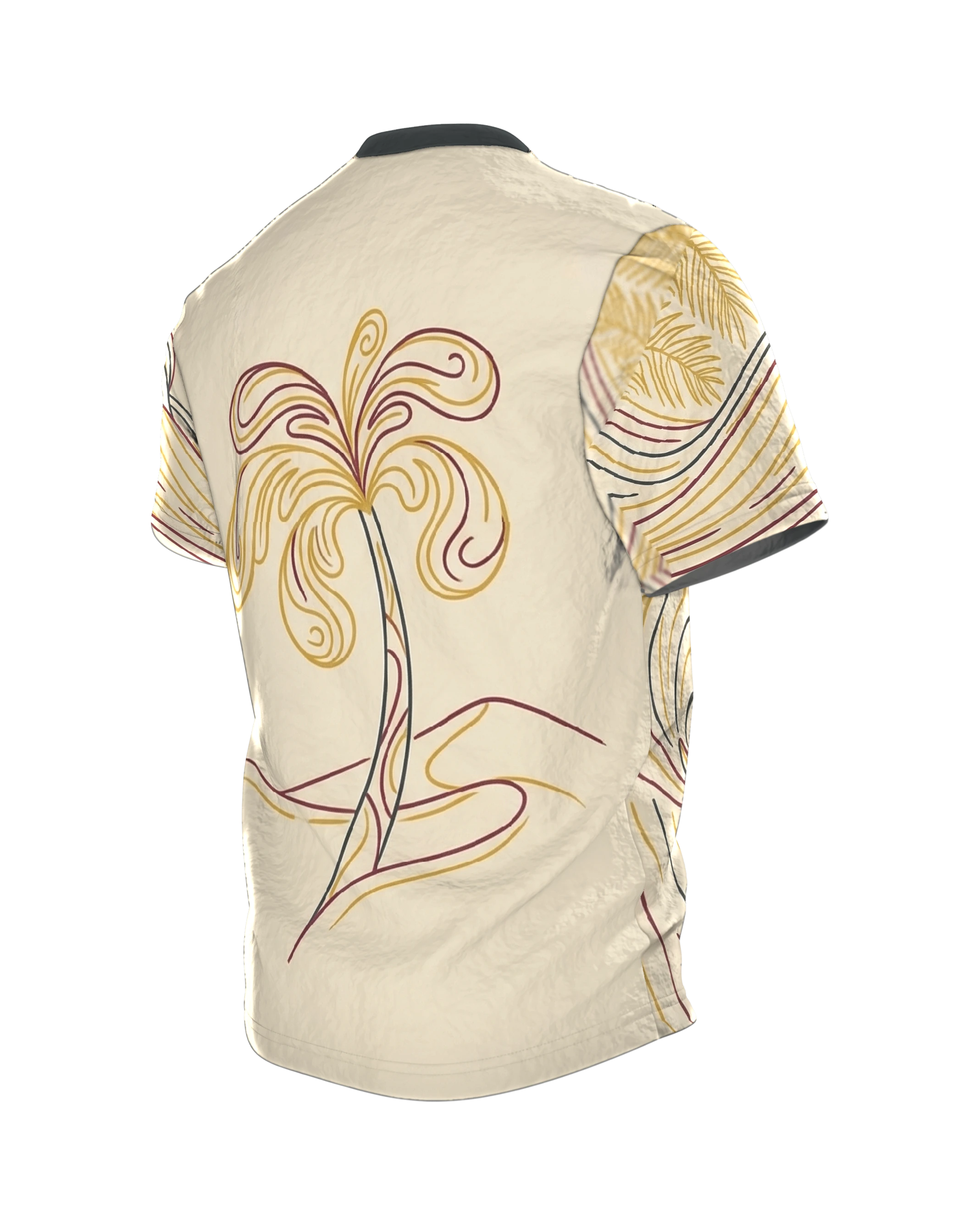 Surfer Palme T-Shirt, Line-Art Welle mit Surfer und Sonne, Palmen-Zeichnung am Rücken, Rückseite schräg links