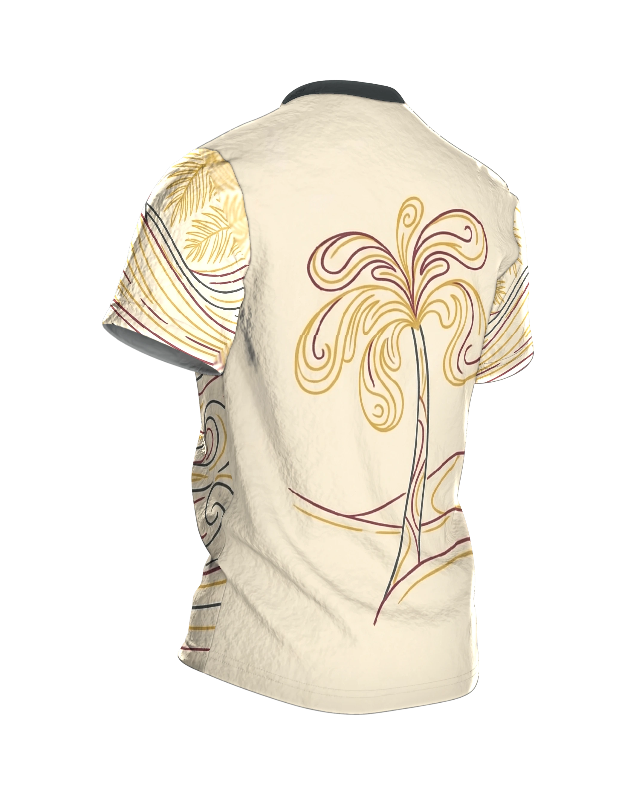 Surfer Palme T-Shirt, Line-Art Welle mit Surfer und Sonne, Palmen-Zeichnung am Rücken, Rückseite schräg rechts