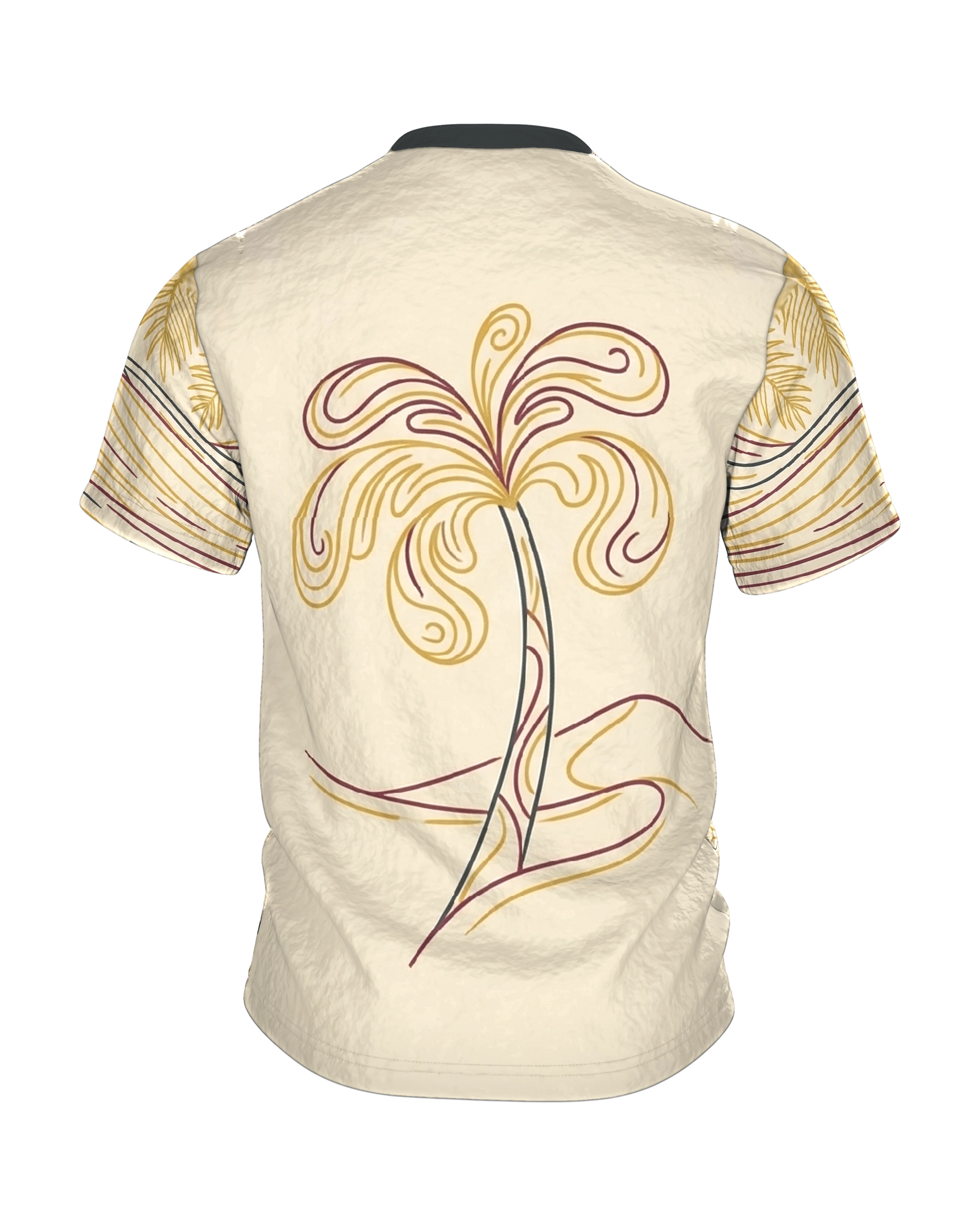 Surfer Palme T-Shirt, Line-Art Welle mit Surfer und Sonne, Palmen-Zeichnung am Rücken, Rückseite