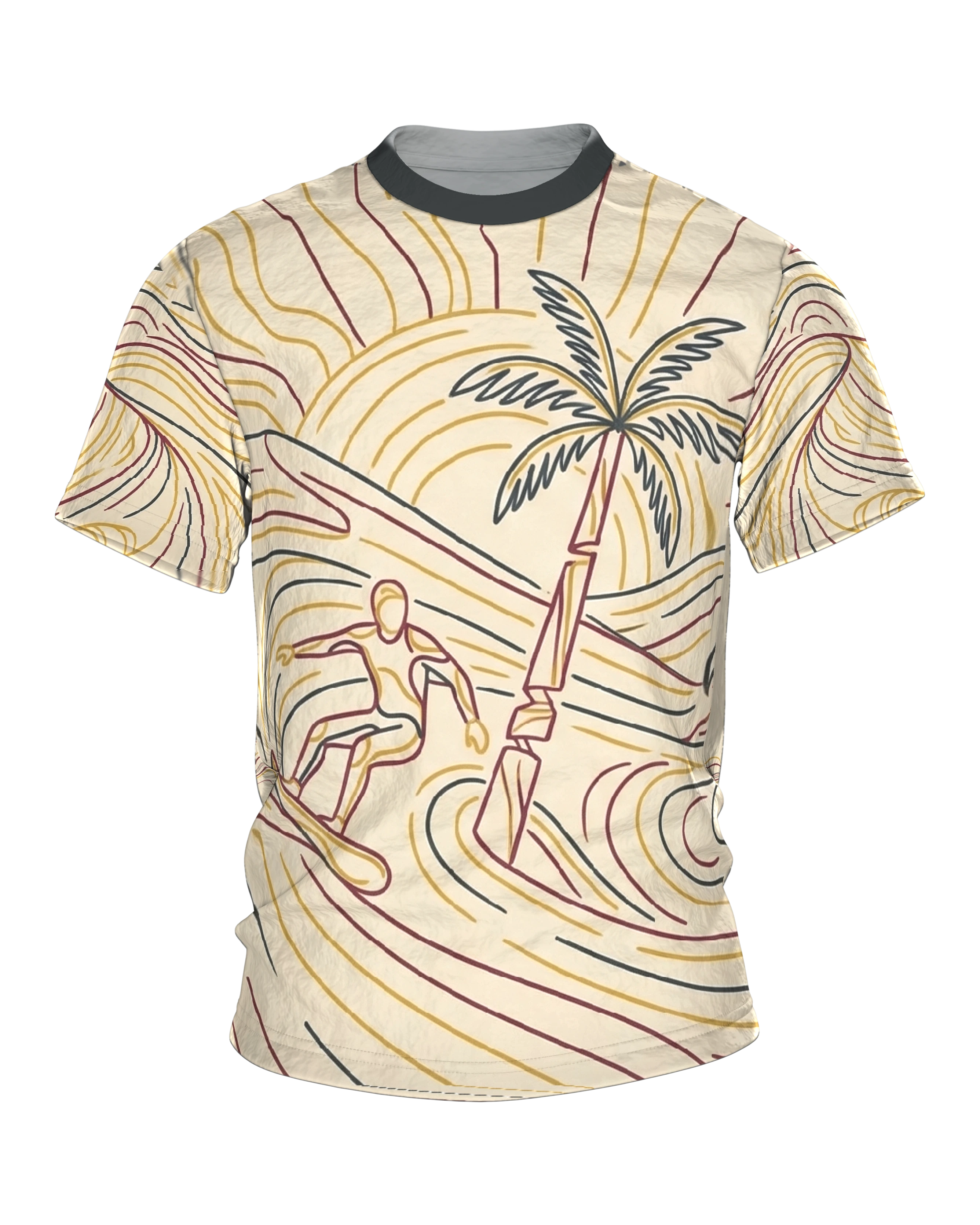 Surfer Palme T-Shirt, Line-Art Welle mit Surfer und Sonne, Palmen-Zeichnung am Rücken