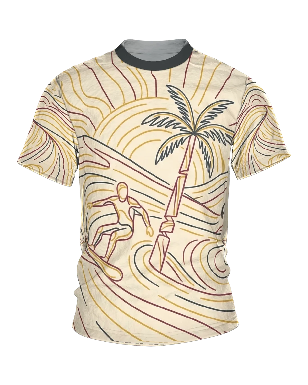 Surfer Palme T-Shirt, Line-Art Welle mit Surfer und Sonne, Palmen-Zeichnung am Rücken