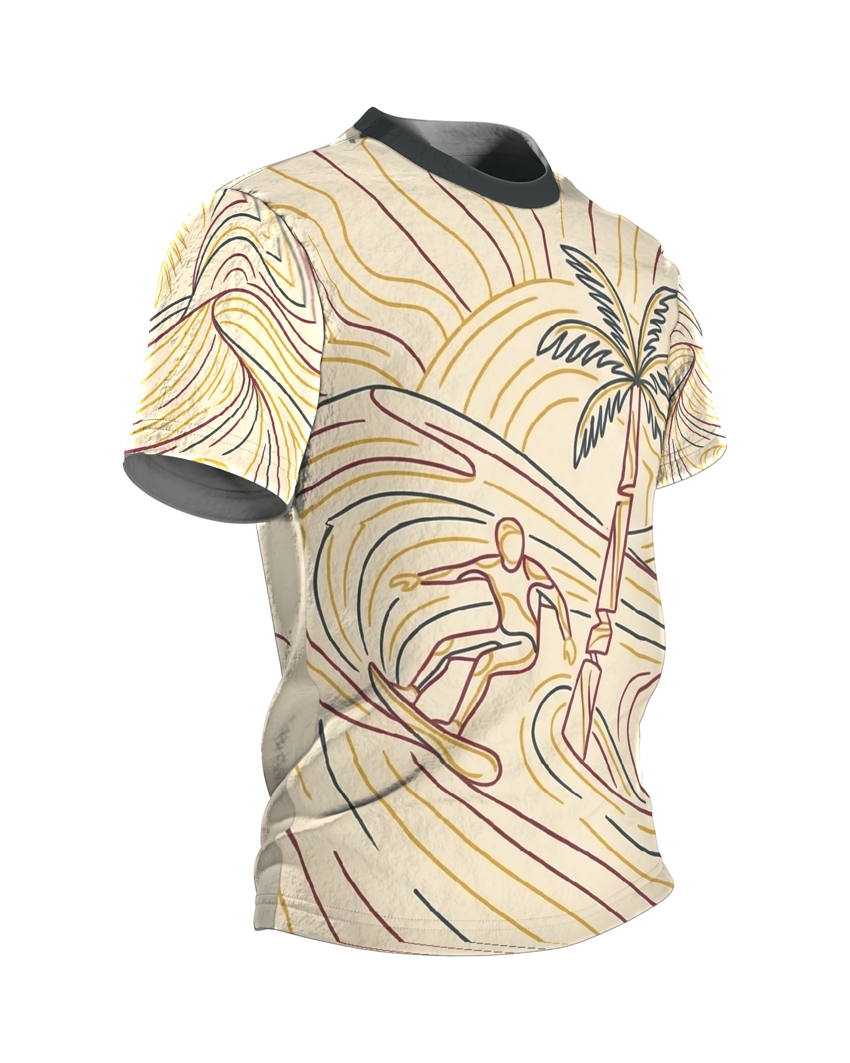 Surfer Palme T-Shirt, Line-Art Welle mit Surfer und Sonne, Palmen-Zeichnung am Rücken, Seitenansicht links