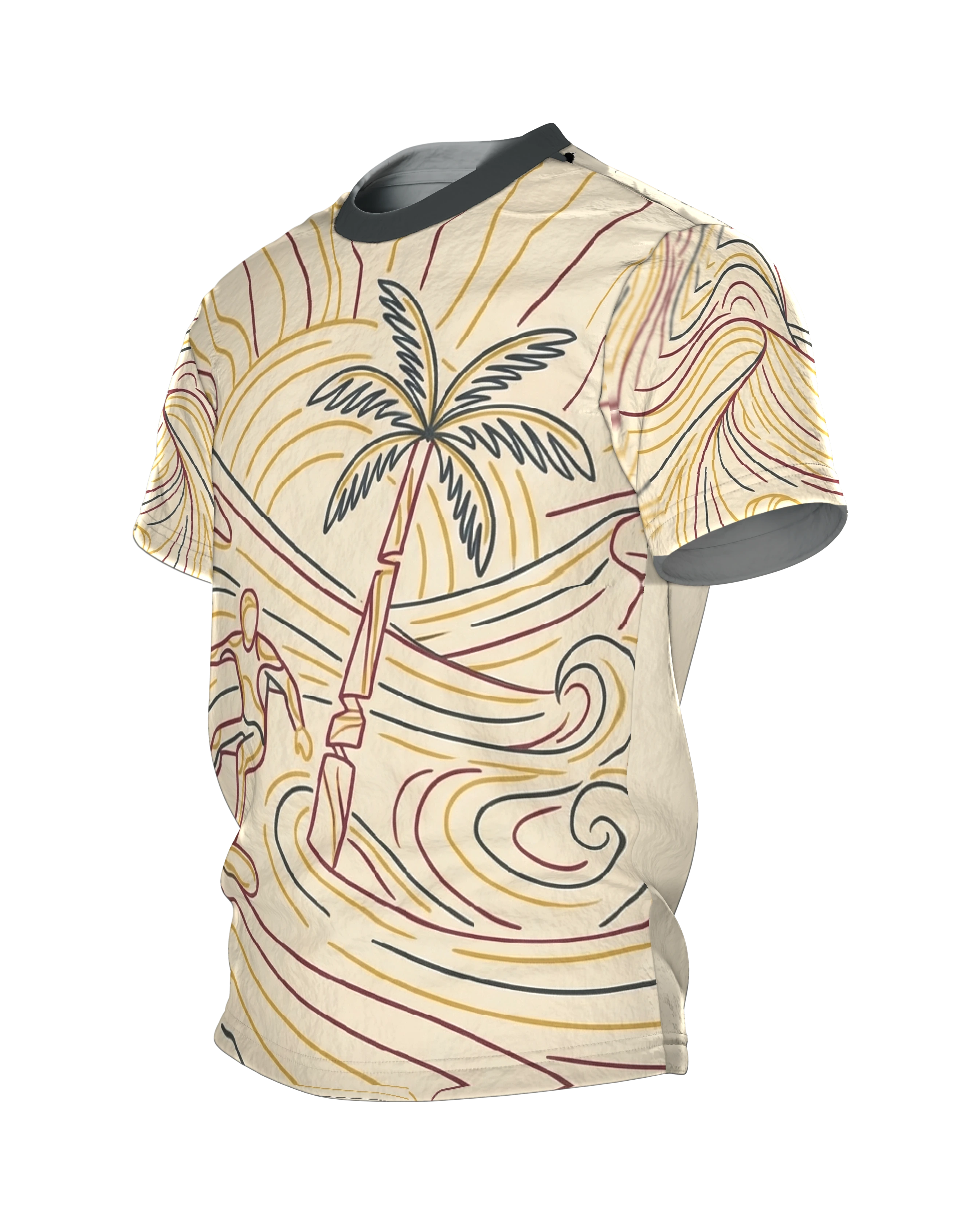 Surfer Palme T-Shirt, Line-Art Welle mit Surfer und Sonne, Palmen-Zeichnung am Rücken, Seitenansicht rechts