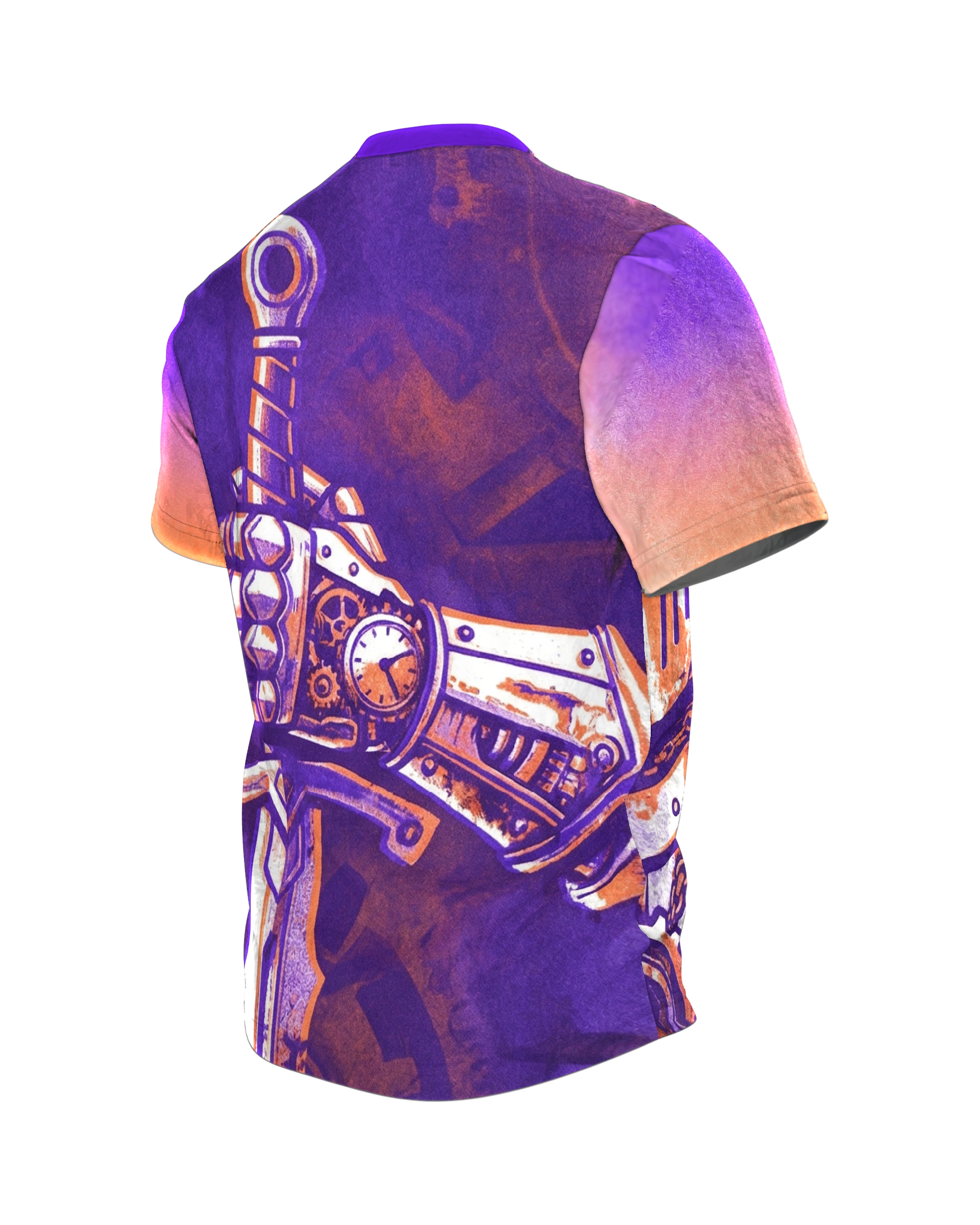 Steampunk Ritter T-Shirt, Zahnrad-Rüstung im Riso-Stil in Lila Orange als Allover, Rückseite schräg links