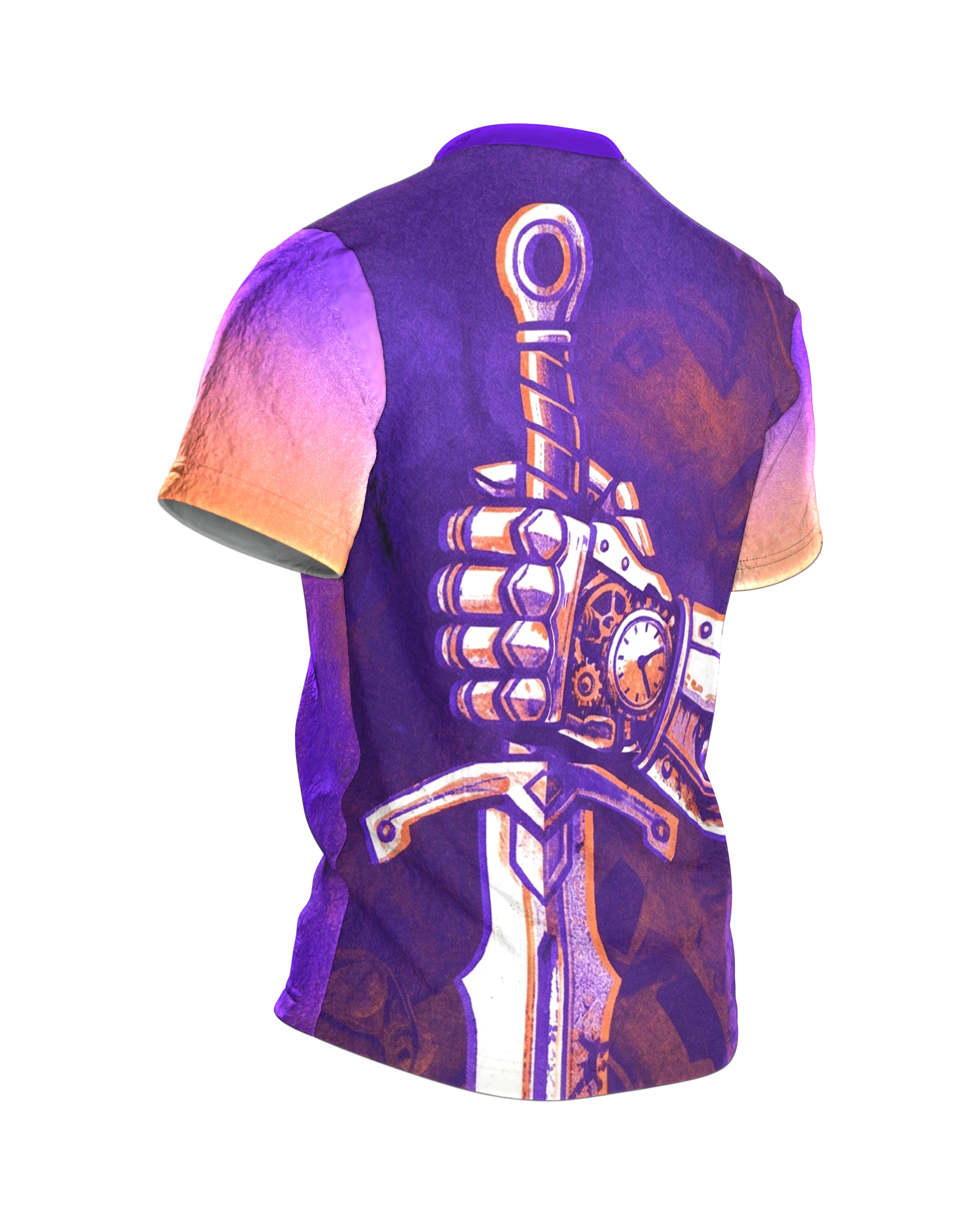 Steampunk Ritter T-Shirt, Zahnrad-Rüstung im Riso-Stil in Lila Orange als Allover, Rückseite schräg rechts