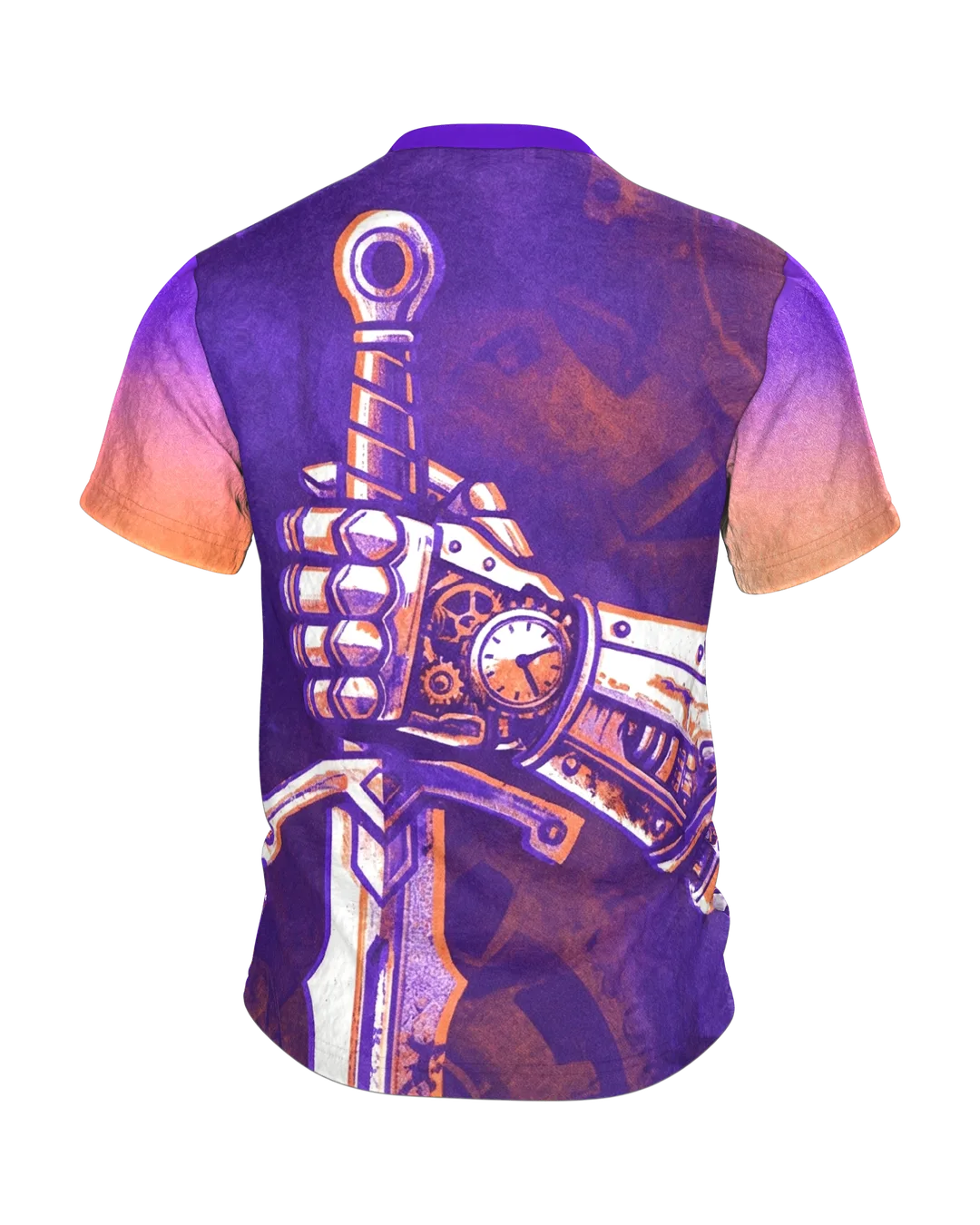 Steampunk Ritter T-Shirt, Zahnrad-Rüstung im Riso-Stil in Lila Orange als Allover, Rückseite