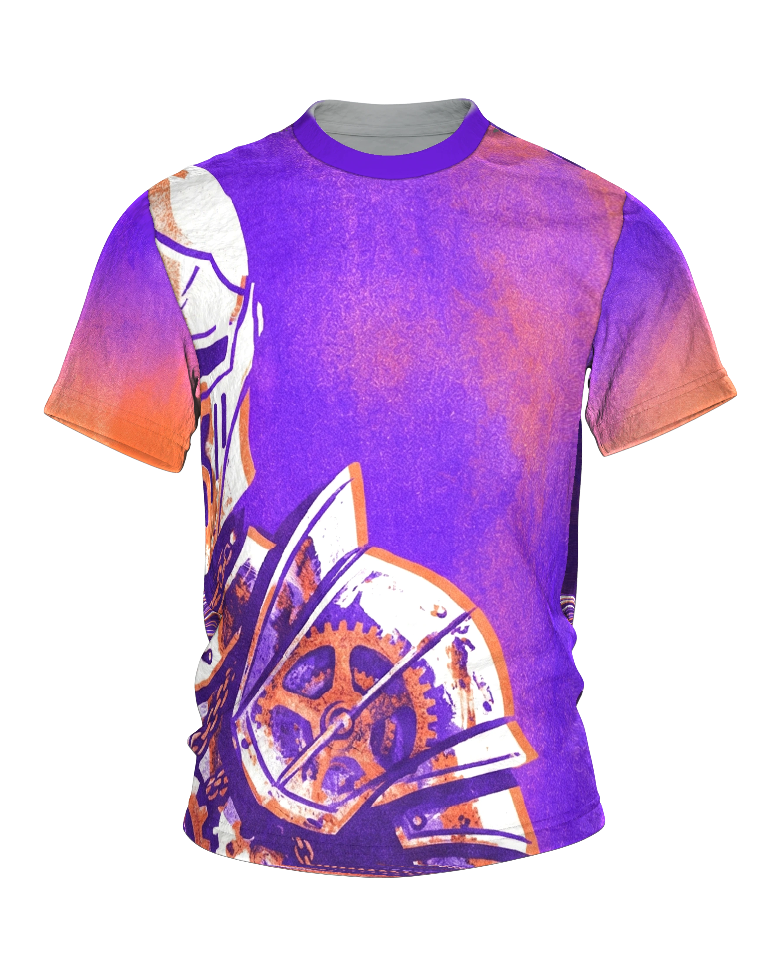 Steampunk Ritter T-Shirt, Zahnrad-Rüstung im Riso-Stil in Lila Orange als Allover