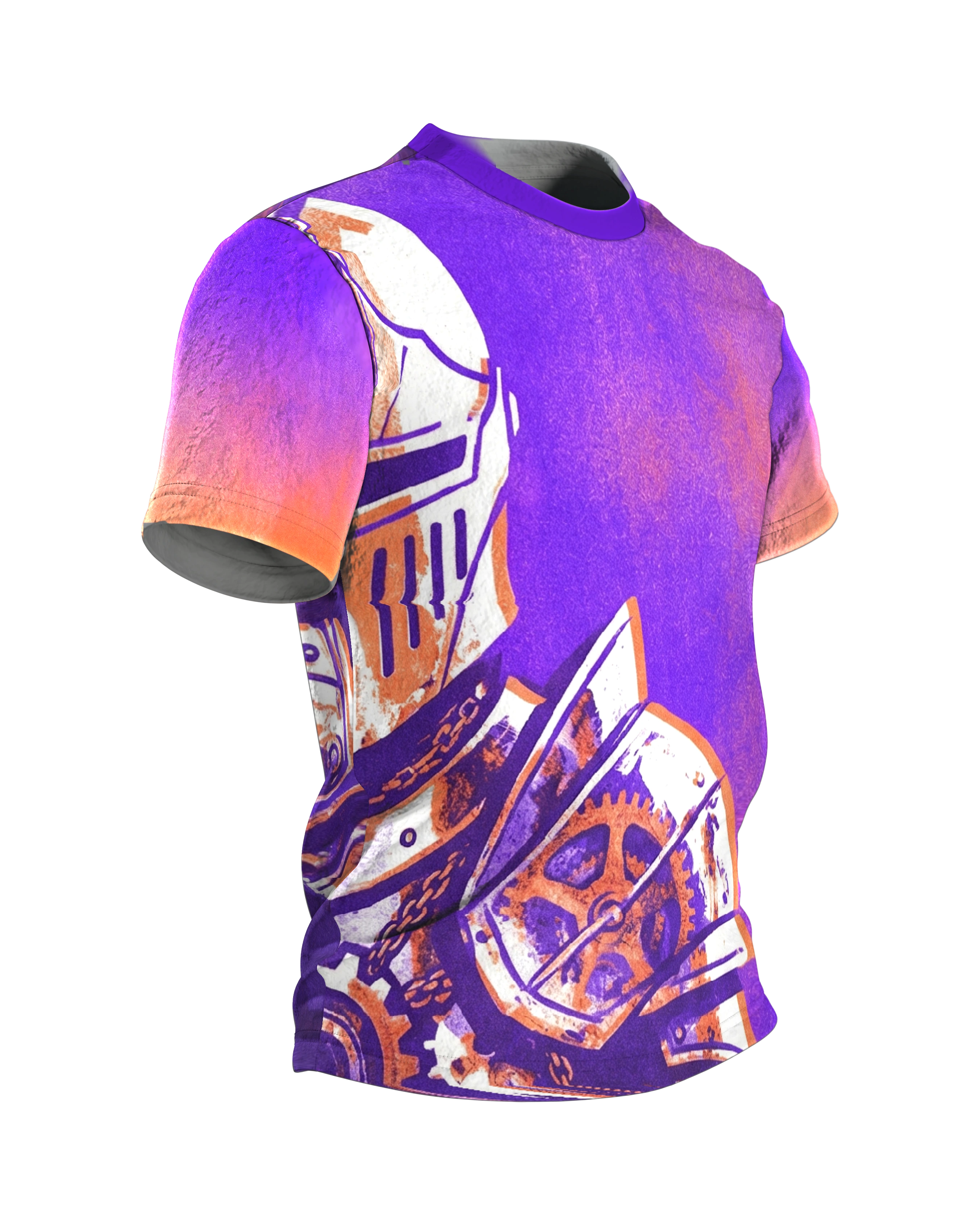 Steampunk Ritter T-Shirt, Zahnrad-Rüstung im Riso-Stil in Lila Orange als Allover, Seitenansicht links