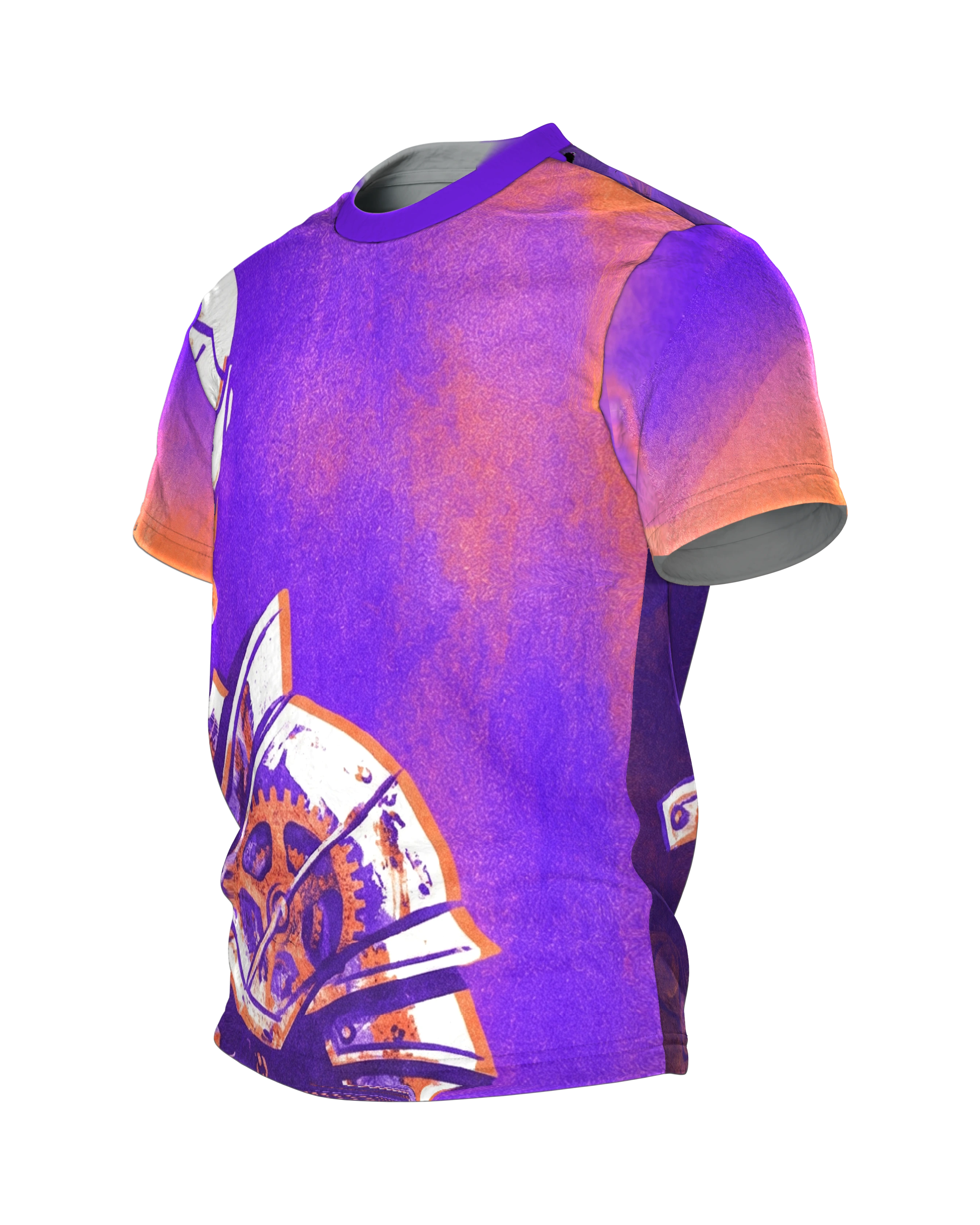 Steampunk Ritter T-Shirt, Zahnrad-Rüstung im Riso-Stil in Lila Orange als Allover, Seitenansicht rechts